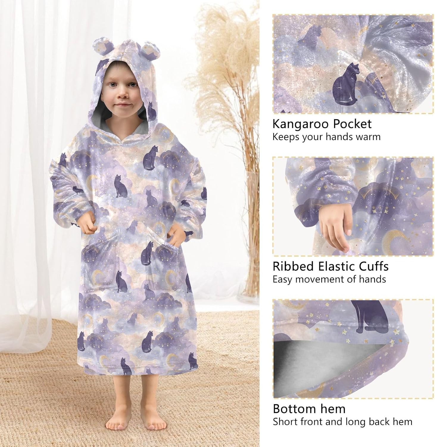 Purple Cloud with Cat Wearable Blankets for Kids, Soft Warm Cozy Blanket Hoodie for Boys Girls with Pocket