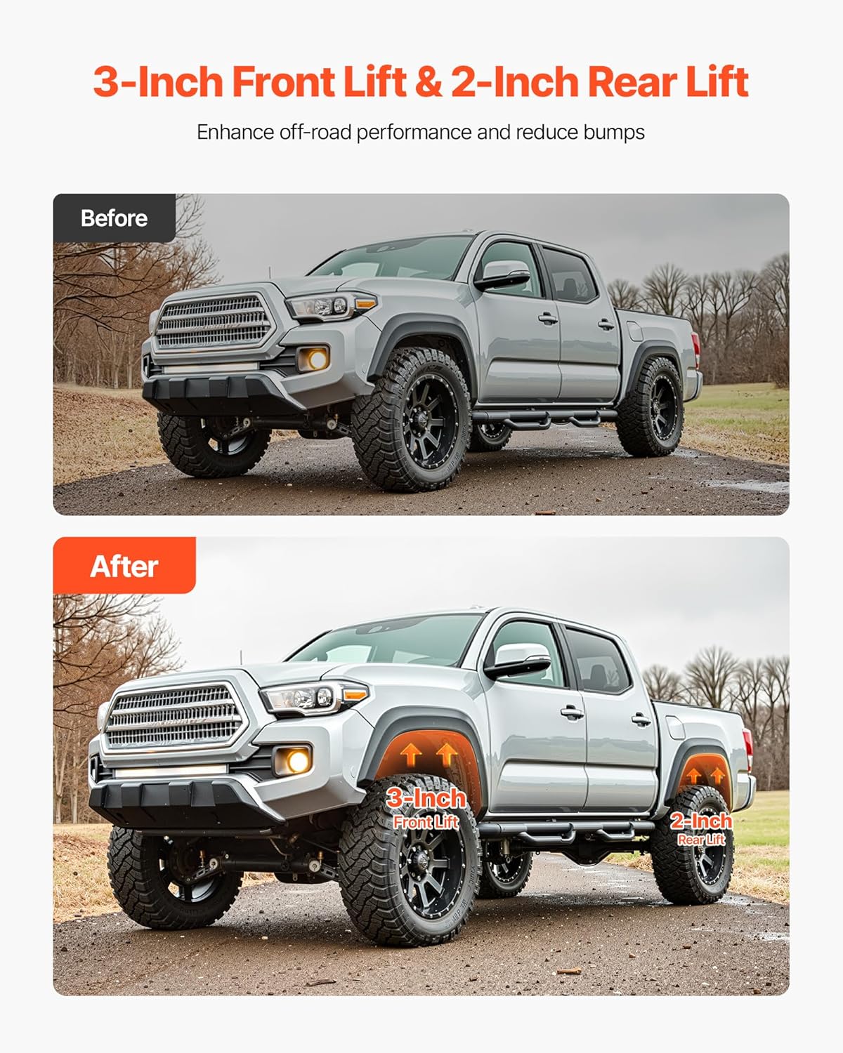 VEVOR 3 Inch Front and 2 Inch Rear Leveling Lift Kit for 2005-2021, 2022, 2023 Toyota Tacoma 2WD/4WD, Chassis Level Kit with 2 Front Strut Spacers, 2 Rear Lift Blocks, 4 U-Bolts, Suspension Level Kit