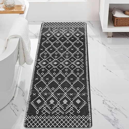 Miniatura 6 de Uphome Alfombra de pasillo de 24 x 59 pulgadas, color negro, bohemio, geométrico, largo, antideslizante, marroquí, para lavandería, terciopelo