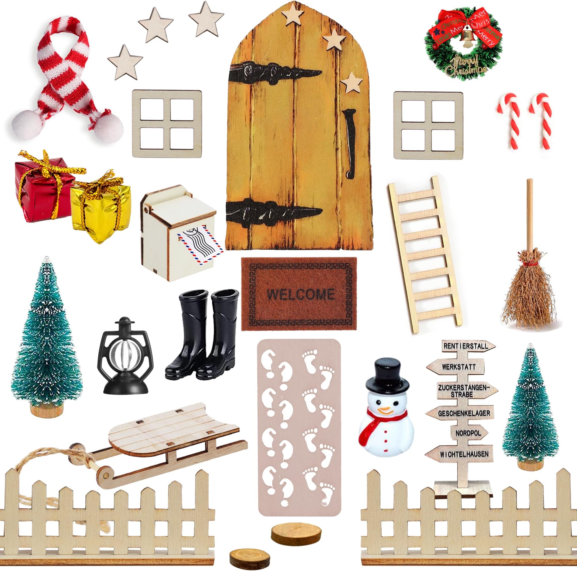 Wichteltür Weihnachten Set Aus Holz – Inkl. Tür, Leiter, Bäumchen, Figuren & Zubehör Zum Dekorieren