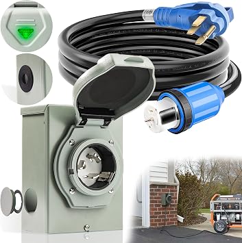 50 Amp Generator Cord and Power Inlet Box [Pre-Drilled], 15FT Generator Cords 50 Amp,125V/250V Generator Power Cord NEMA14-50P/SS2-50R Twist Lock Connector