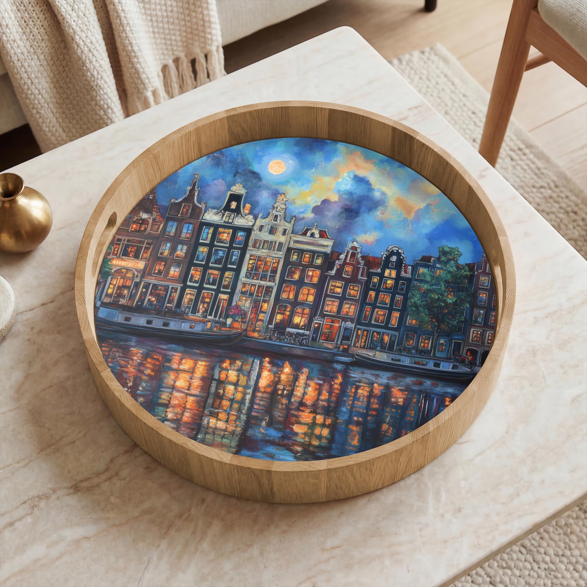 Bandejas De Madera Redonda 40x40 cm Bandeja para Servir Roble Decorativa Resistente A Los Arañazos Tabuleiro Diseño Desayuno Canals Amsterdam - Casas - Ciudad - Colorido