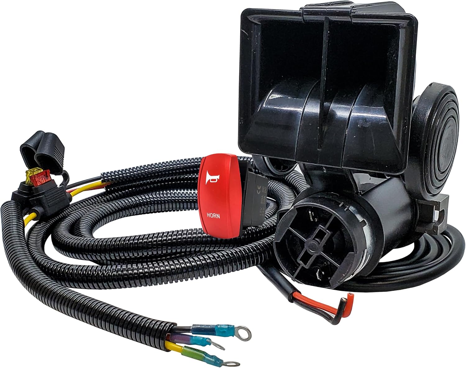 OZ-USA Air Horn 12V Direct Drive Compressor with Power Busbar Block Red Rocker Switch Wire Harness Kit Compatible with 2018-2024 Can-Am Maverick X3 Max RS Turbo RR Sport Trail Defender.