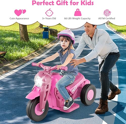 Miniatura 7 de HONEY JOY Motocicleta rosa de 6 V para niños pequeños con fabricante de burbujas, luz LED, música, pedal de pie, adelanteatrás, motocicleta