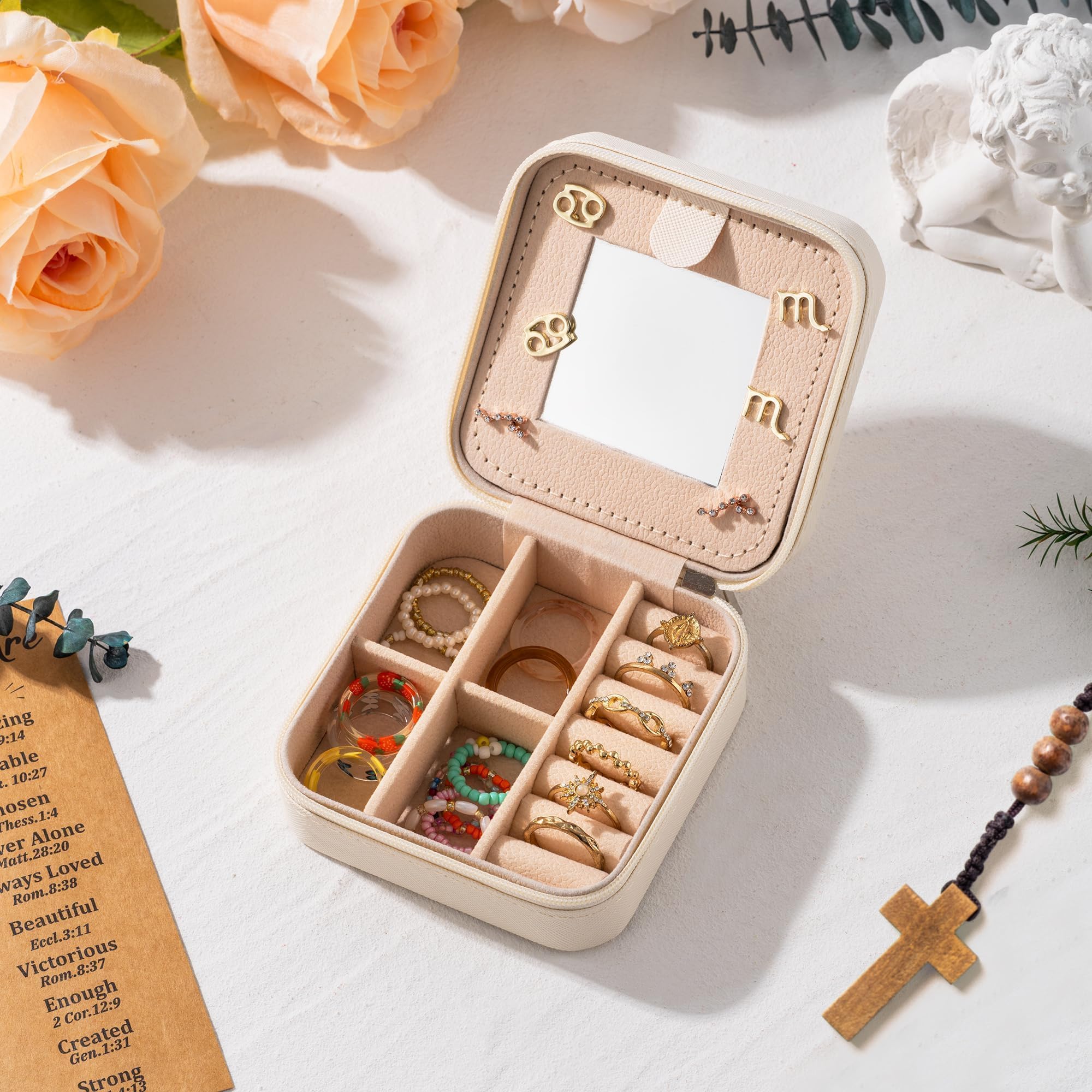 Belanttega God Bless Jewelry Box for Women Girls - Summer First Communion Gifts Cross Floral Portable Travel Jewelry Case Pink Gold Small Jewel Organizer Box, Baptism Wedding Gift for Friend Bride