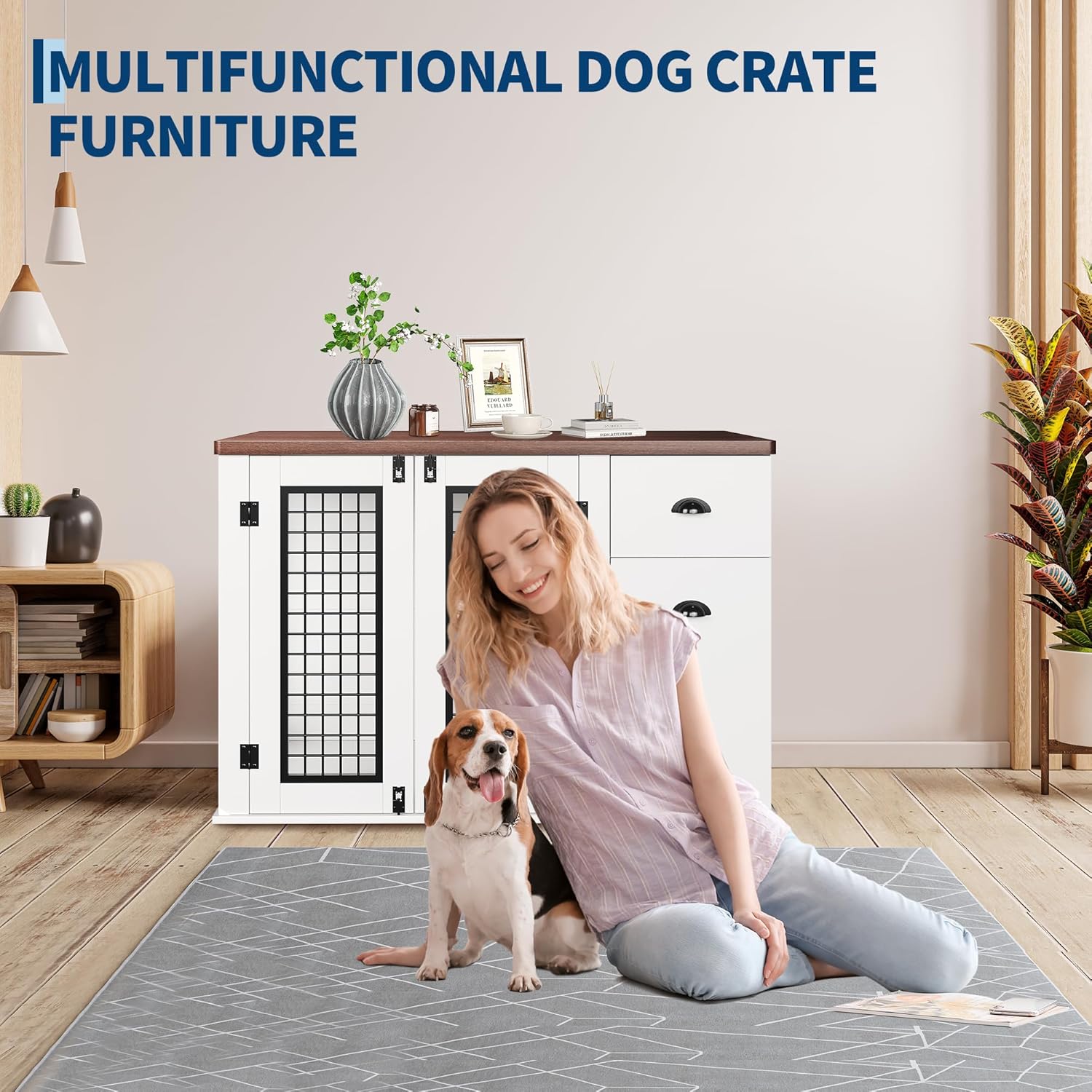 Dog Crate Furniture, Pet Kennel for Small to Medium Dogs, White Wooden Pet House with Drawers and Side Cabinets, Multi-Functional Dog Cage for Indoor Use