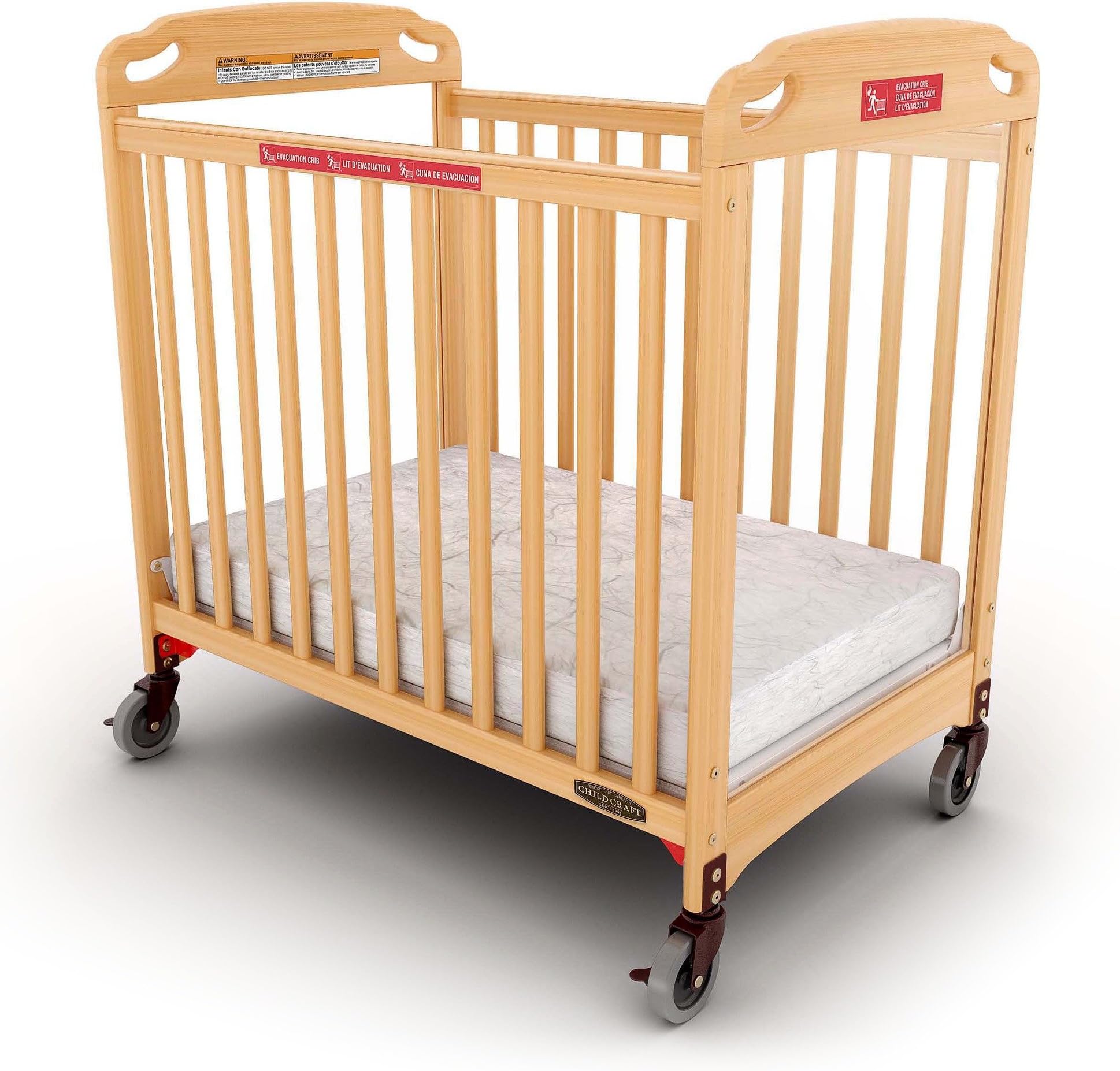 Child Craft Safe Haven Daycare Evacuation Wooden Compact Portable Crib with 4" Casters, Features Clearview End Panels, Durable Wood Construction, Easy Grib Handles, Fits Through Doorways (Natural)