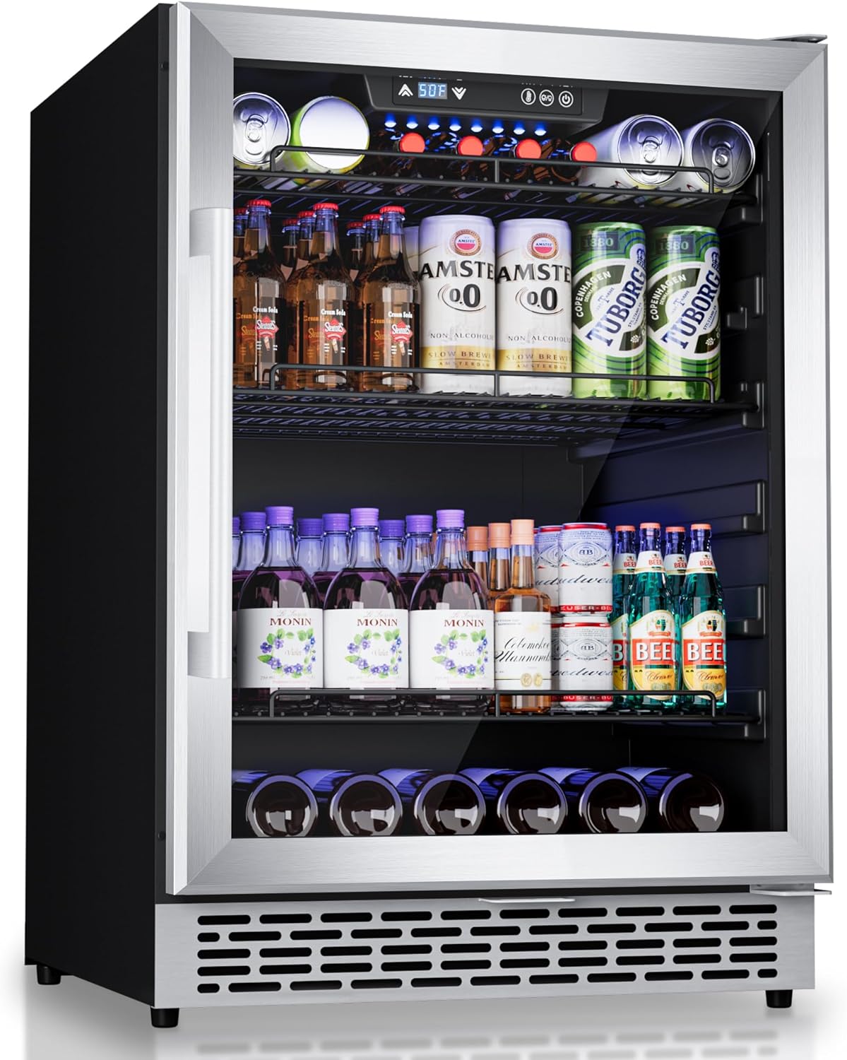 24-Inch Beverage Refrigerator, 180-Can Glass Door Cooler with Adjustable Shelves, Quiet Cooling, Freestanding or Under-Counter – Compatible with Beer, Soda, Wine, Milk, Suita