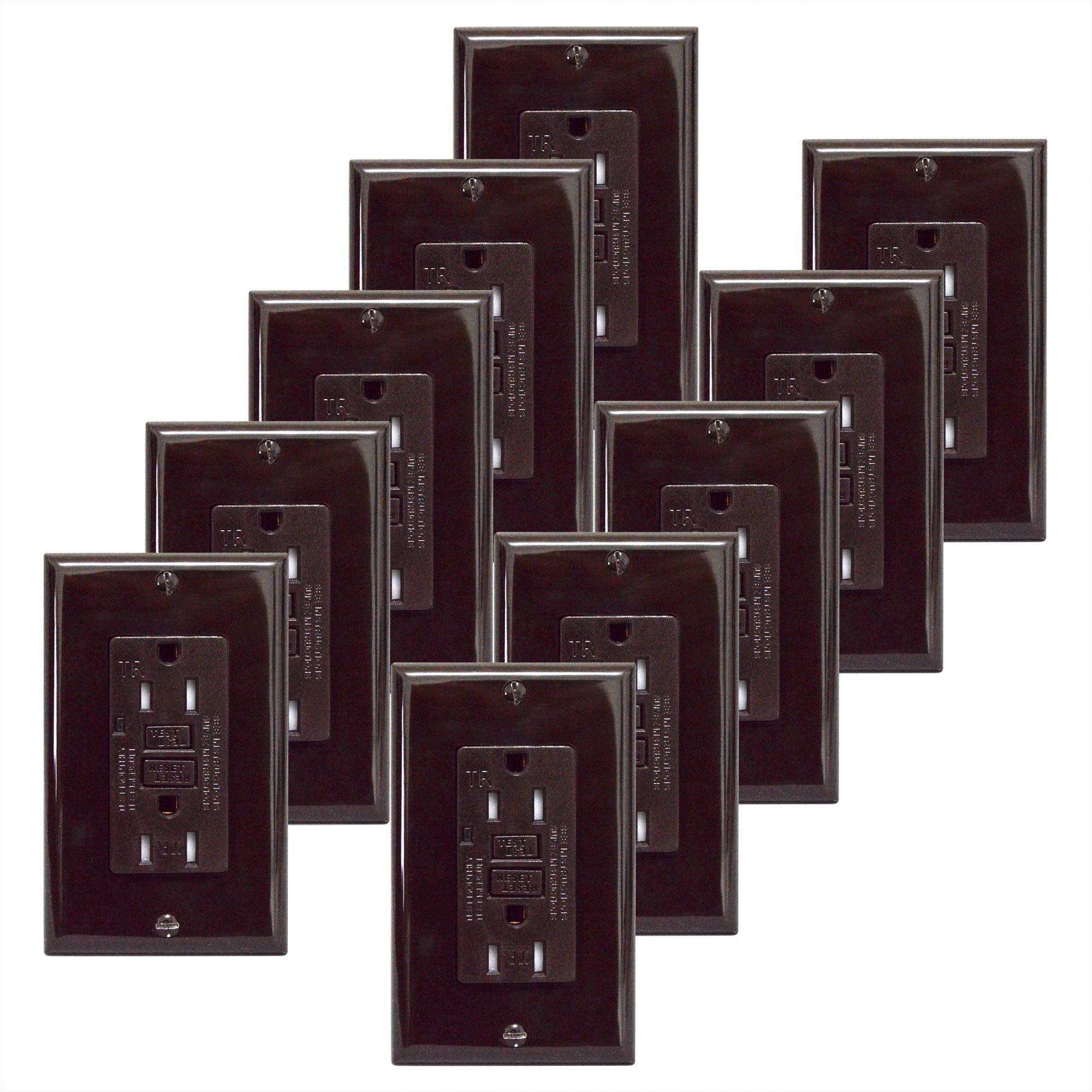 AH LightingGFCI Outlet 15A Standard Decorative Tamper Resistant Duplex Receptacle with LED Indicator, Ground Fault Circuit Interrupter, Protection, UL Listed, Brown 10-Pack