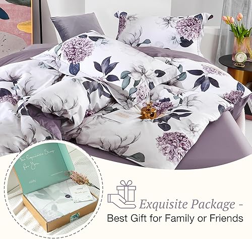 Miniatura 6 de MILDLY - Juego de funda de edredón 100% algodón de fibra larga con patrón de flores de loto e hidra, funda de edredón impresa, 3 piezas, juego de