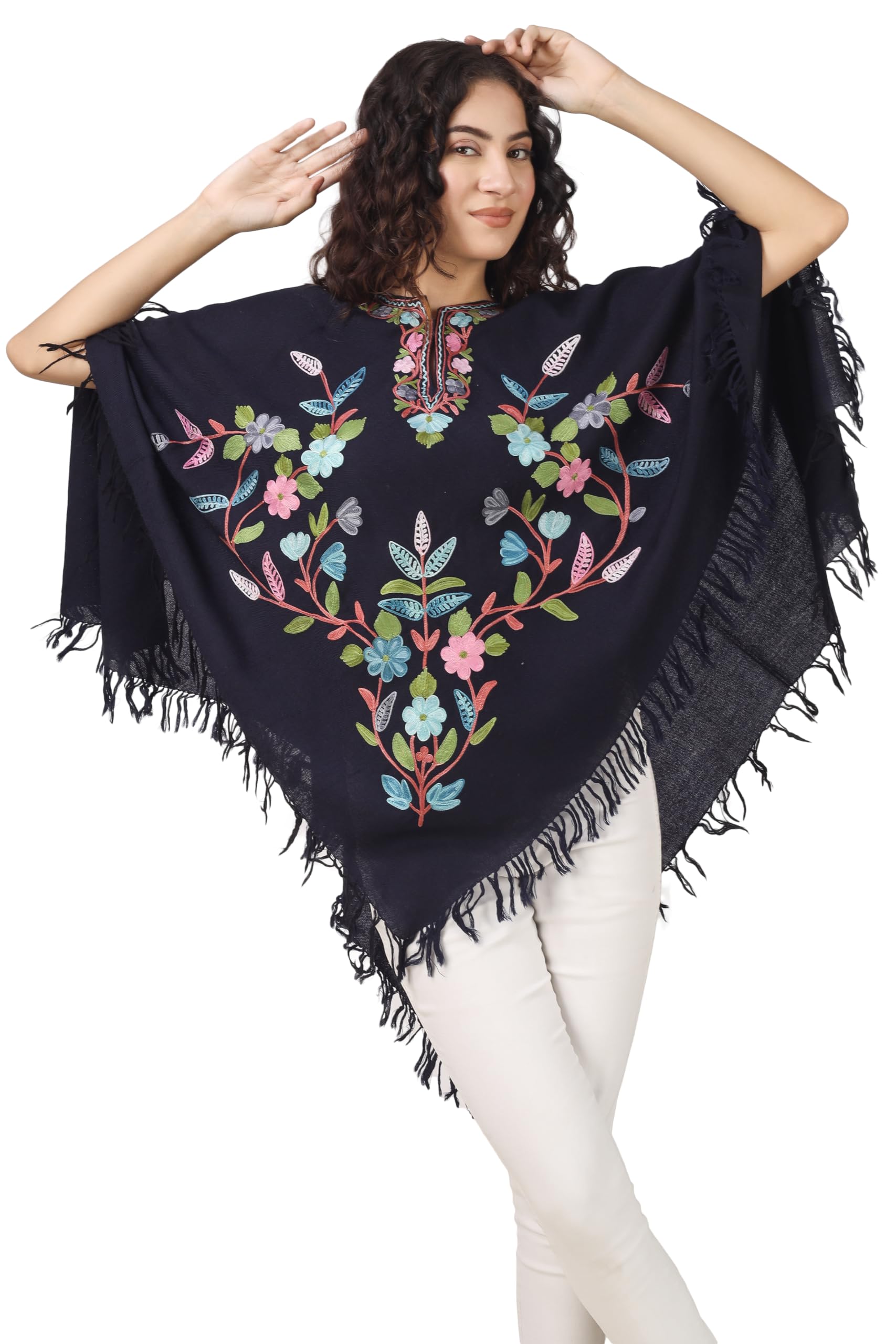 Kashmir Hunar Women's woolen pancho shrug top blue colour thari Aari design Embroidered-picture-46