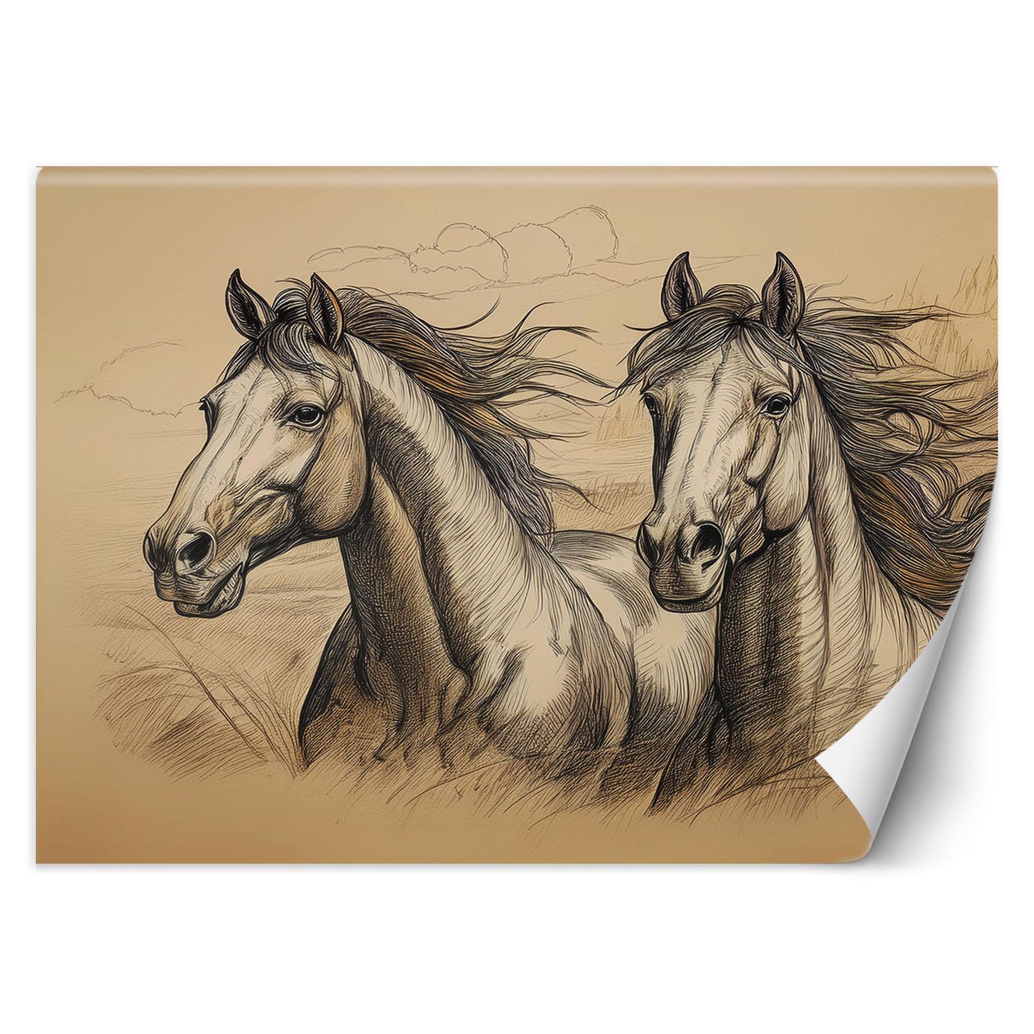 Papier peint mural chevaux vintage beige Feeby 100x70 cm pour décoration élégante