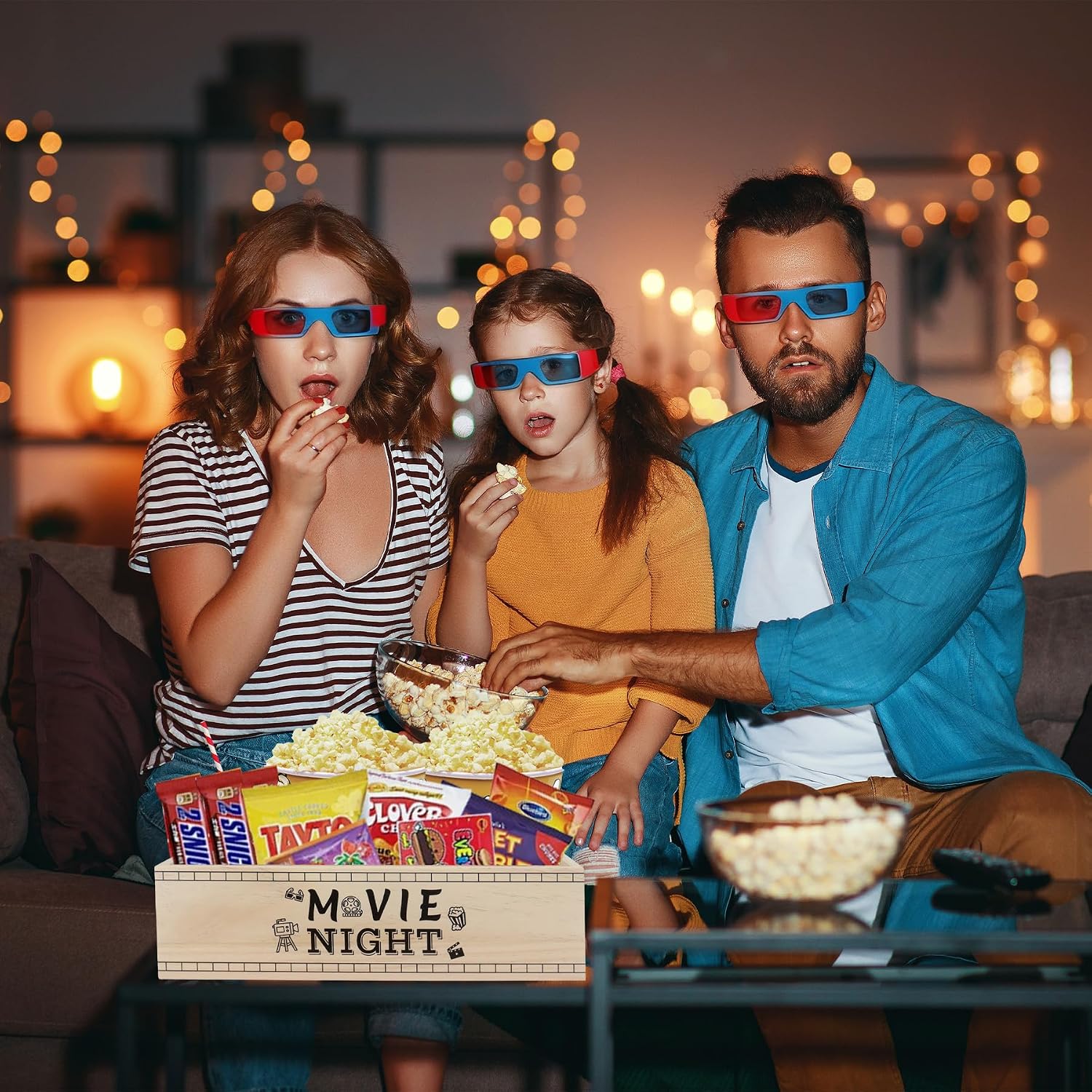 Wooden Movie Night Snack Tray with Handles 13×10×3.6 inch, Reusable Popcorn Bucket Bowl Box Organizer for Theater Room Decor, Gift Basket for Family Movie Night and Holiday Parties