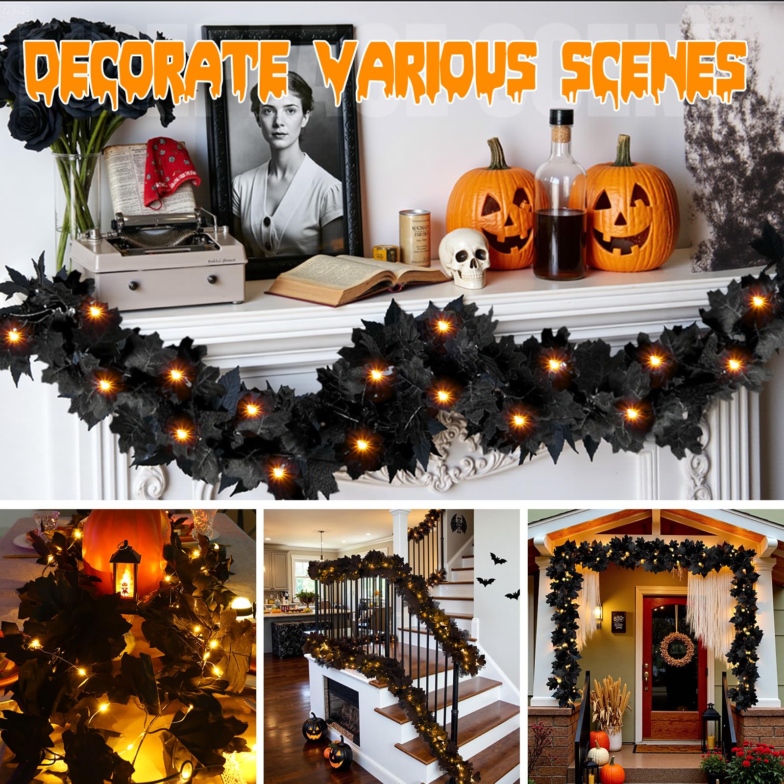 ZiStarlilife Guirlande Feuilles Automne Artificielles 175cm - Décoration Halloween Noir Orange Pour Intérieur Extérieur