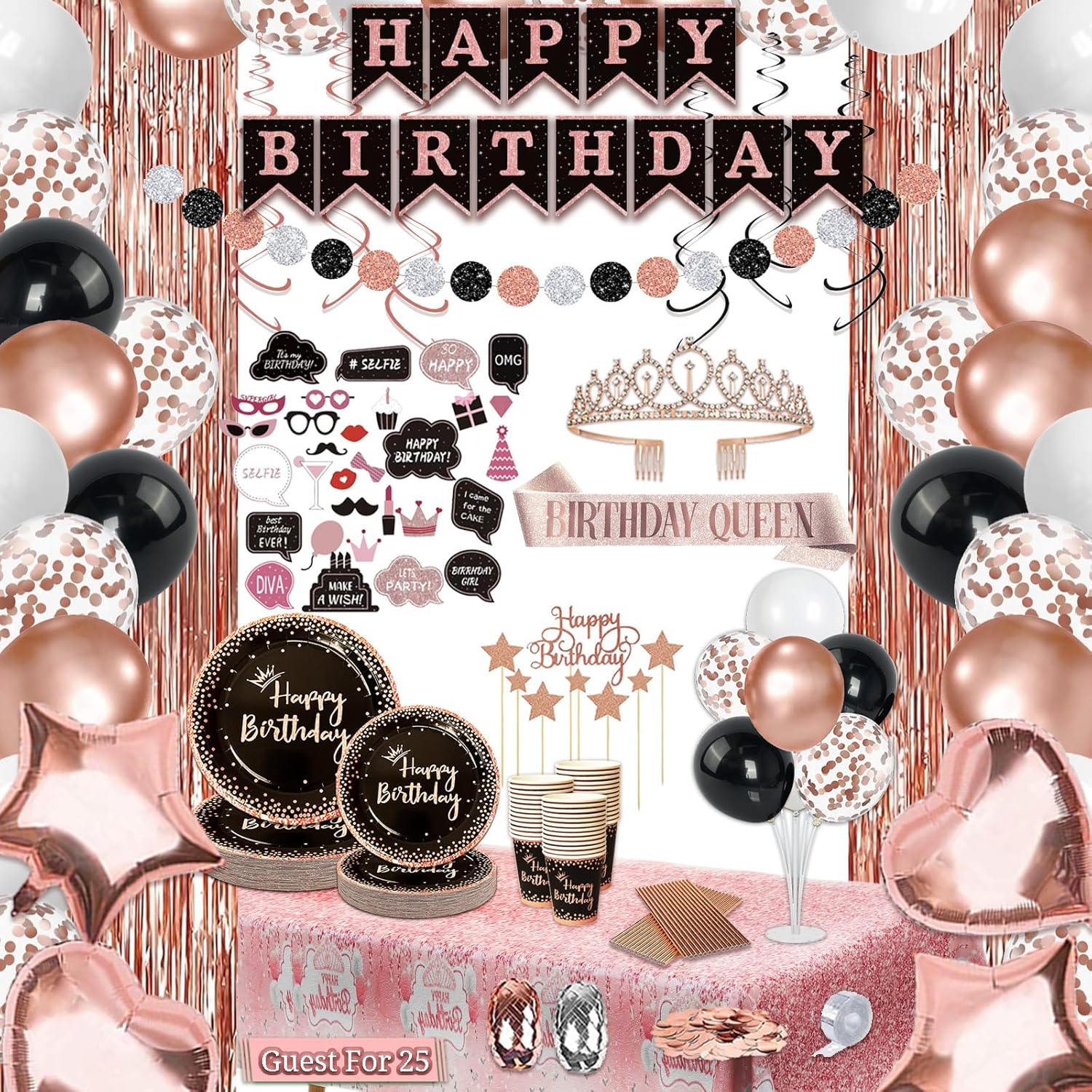 207 Pcs Rose Gold and Black Birthday Decorations, Birthday Decorations for Women Supplies - Banner, Balloon, Tiara, Sash, Photo Props, Tableware with Rose Gold for 25 Guests