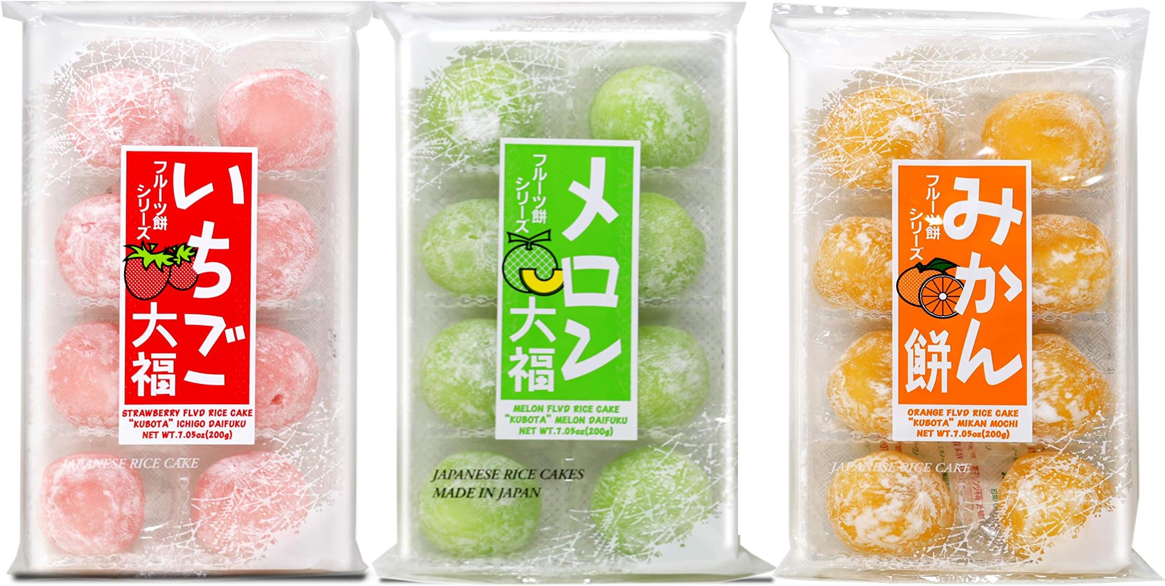Japanese Mochi Fruits Daifuku (Rice Cake) Strawberry, Melon, Green Tea, Orange Flavors. (Strawberry+Melon+Orange)