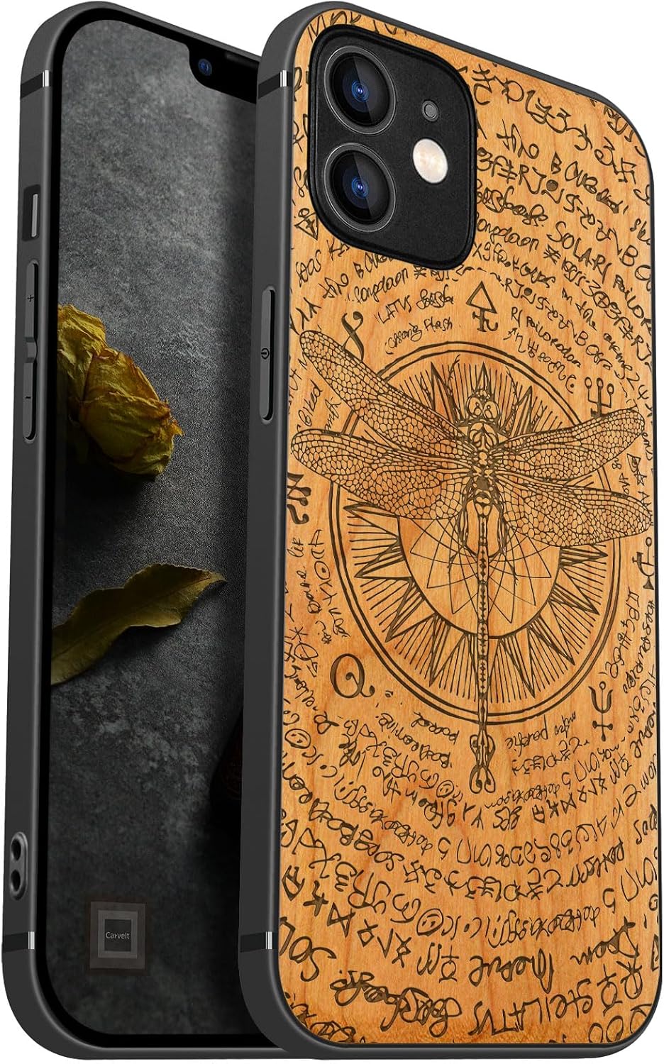 Carveit Magnetic Wood Case for iPhone 12 Case [Natural Wood & Black Soft TPU] Shockproof Protective Unique & Classy Wooden Cover Compatible with MagSafe (Dragonfly -Cherry)