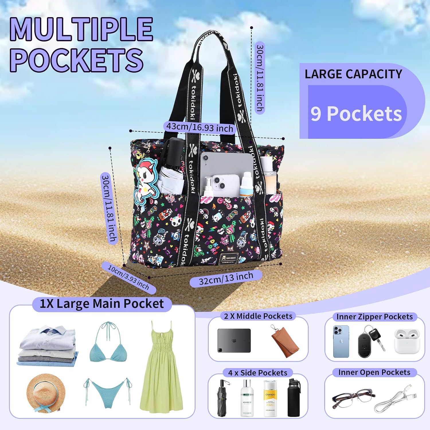 tokidoki Unicorno Cute Canvas Tote Bag with Zipper for Women Foldable Large Hobo Shoulder Bag with Doll for Work Travel image 4