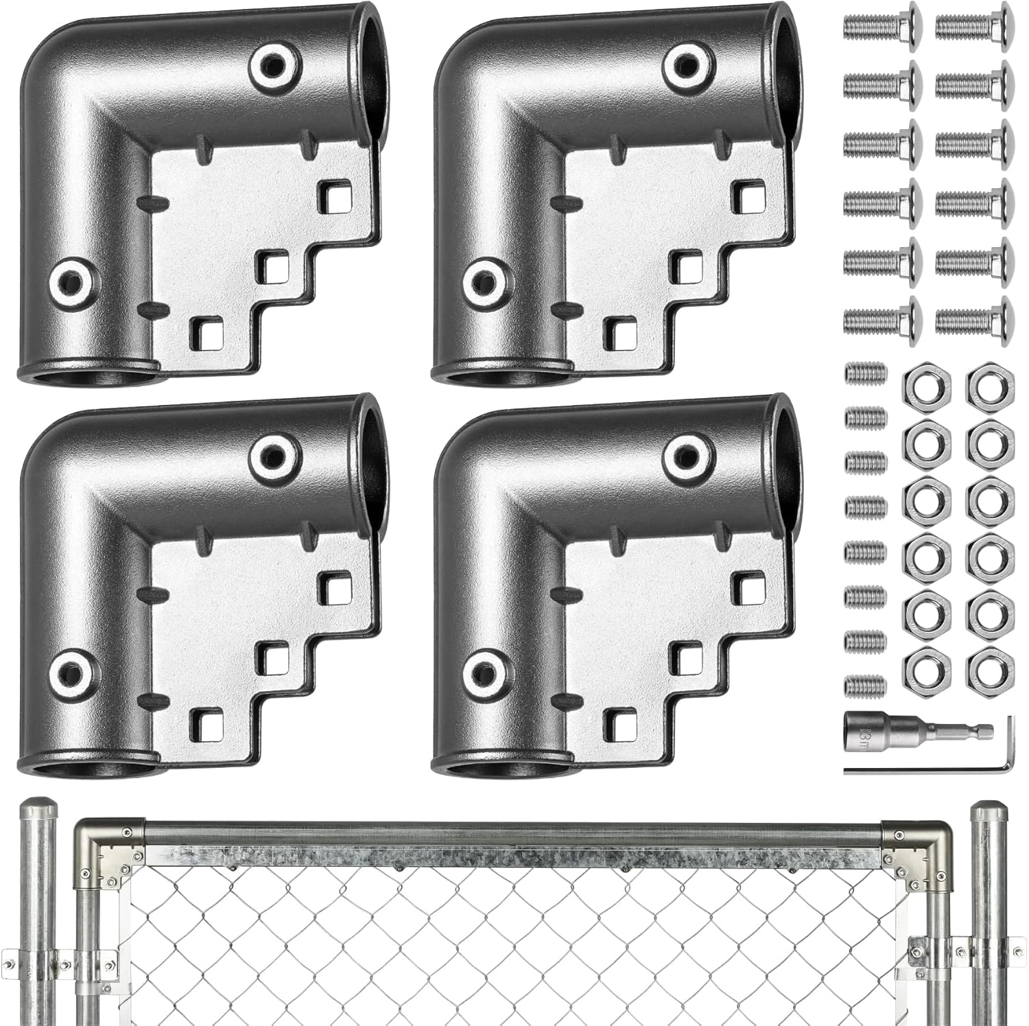 4 Pack Stainless Steel Chain Link Fence Gate Corners, for 1-7/8" x 1-7/8" Outdoor Diameter Pipe, Gate Elbow with 90 Degree Angle Design,Chan Link Fence Parts