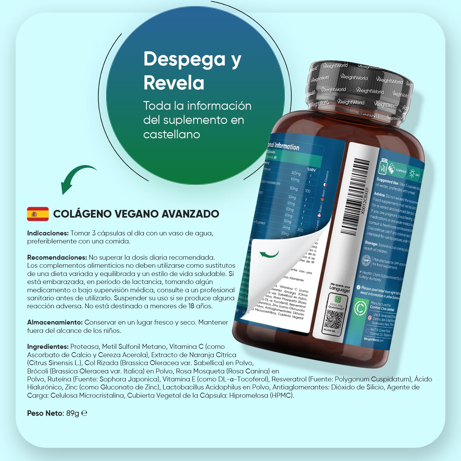 Colágeno Vegano Complex 180 Cápsulas - Suplemento con Resveratrol Natural, Vitamina E, C, Ácido Hialurónico y Zinc - Origen Vegetal y Puro, para 2 Meses