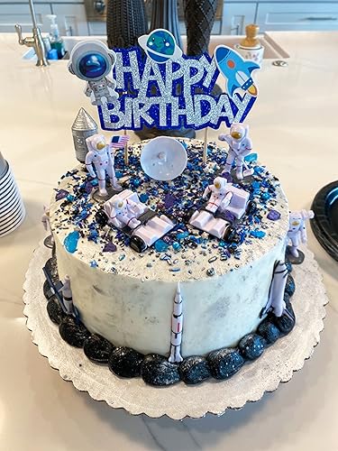 Vista 2 de JeVenis Decoración de pastel de cumpleaños espacial, decoración de cupcakes y cohetes, decoración de pastel de astronauta