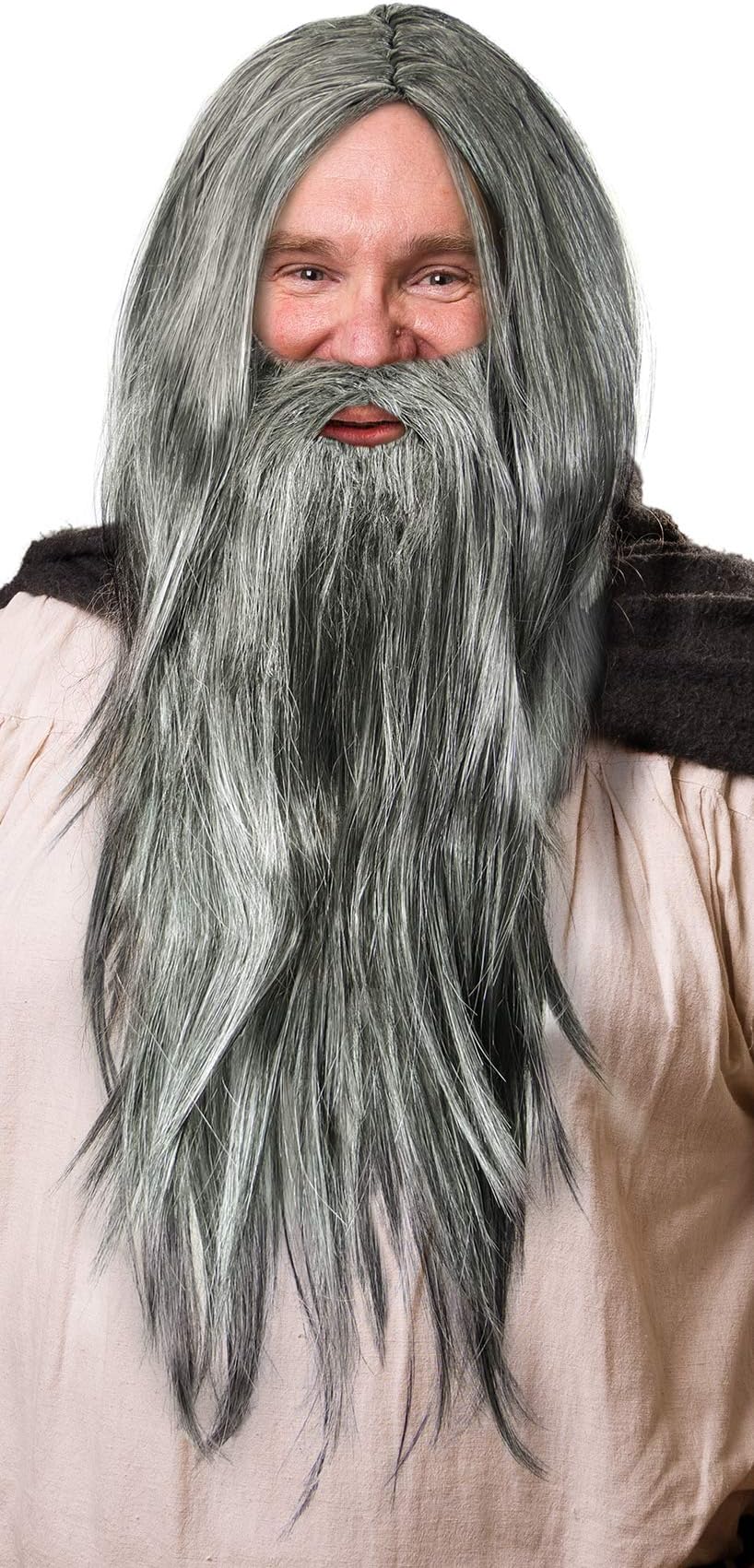 Balinco Wizard Wig in Dark Grey in Set with Dark Grey Beard for Men and Women Magician Witcher Gandalf Merlin Fancy Dress Carnival