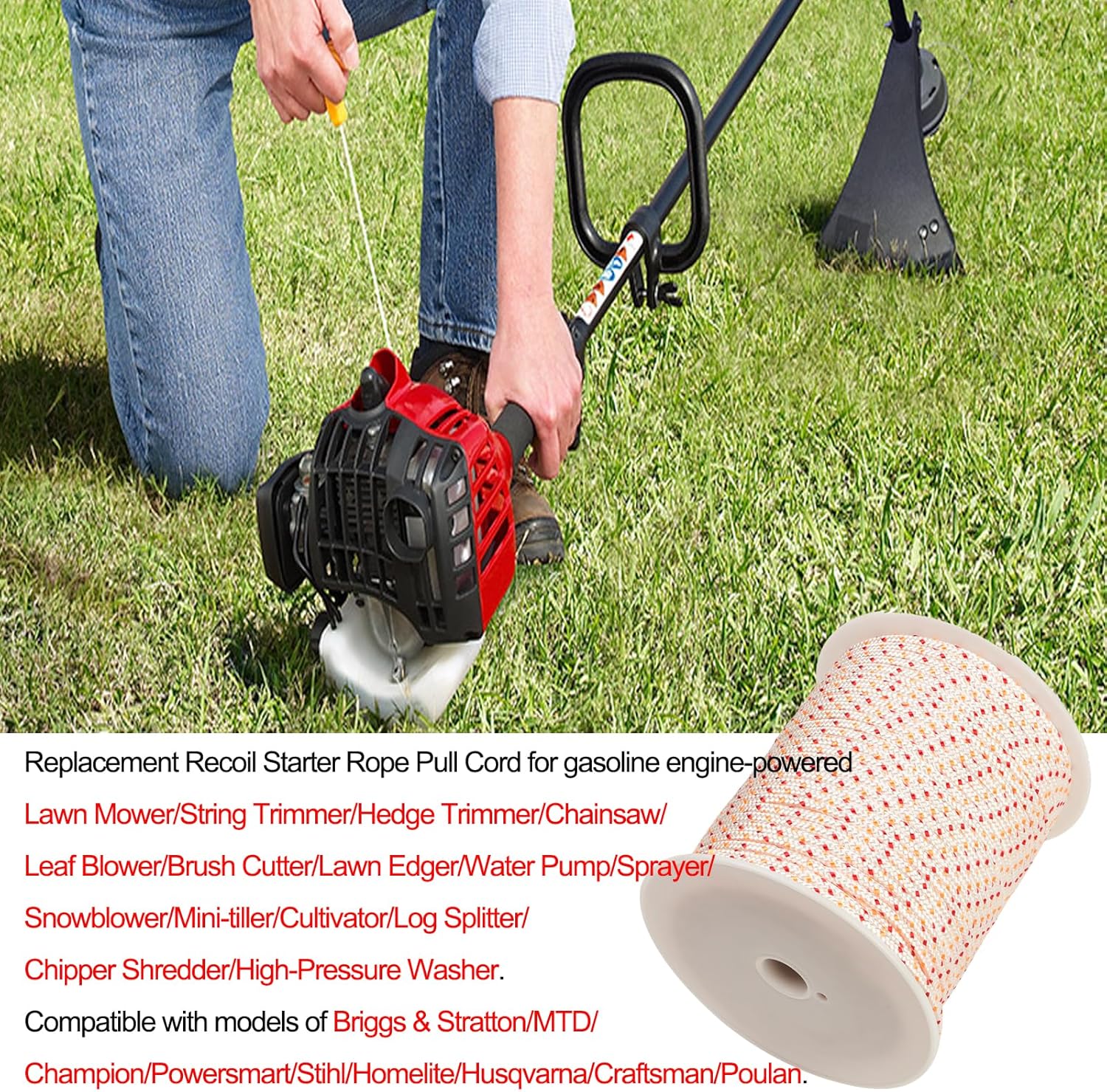 Recoil Starter Rope Pull Cord, 100m / 5mm Pull Starter Rope for Craftsman Husqvarna Stihl Honda Lawn Mower Chainsaw Trimmer Edger Brush Cutter Engine Parts