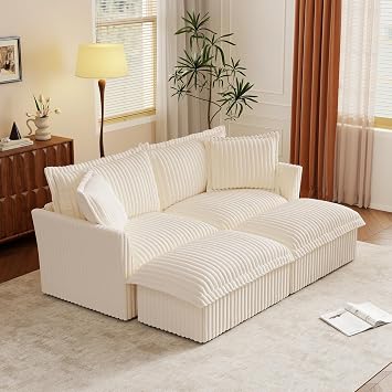 83.4" Modular Sectional Sofa, Cloud Couch Oversized Loveseat with Ottoman, Corduroy U Shaped Sofa, Deep Seat Sectional Couch with Throw Pillows for Living Room Bedroom Office, Beige