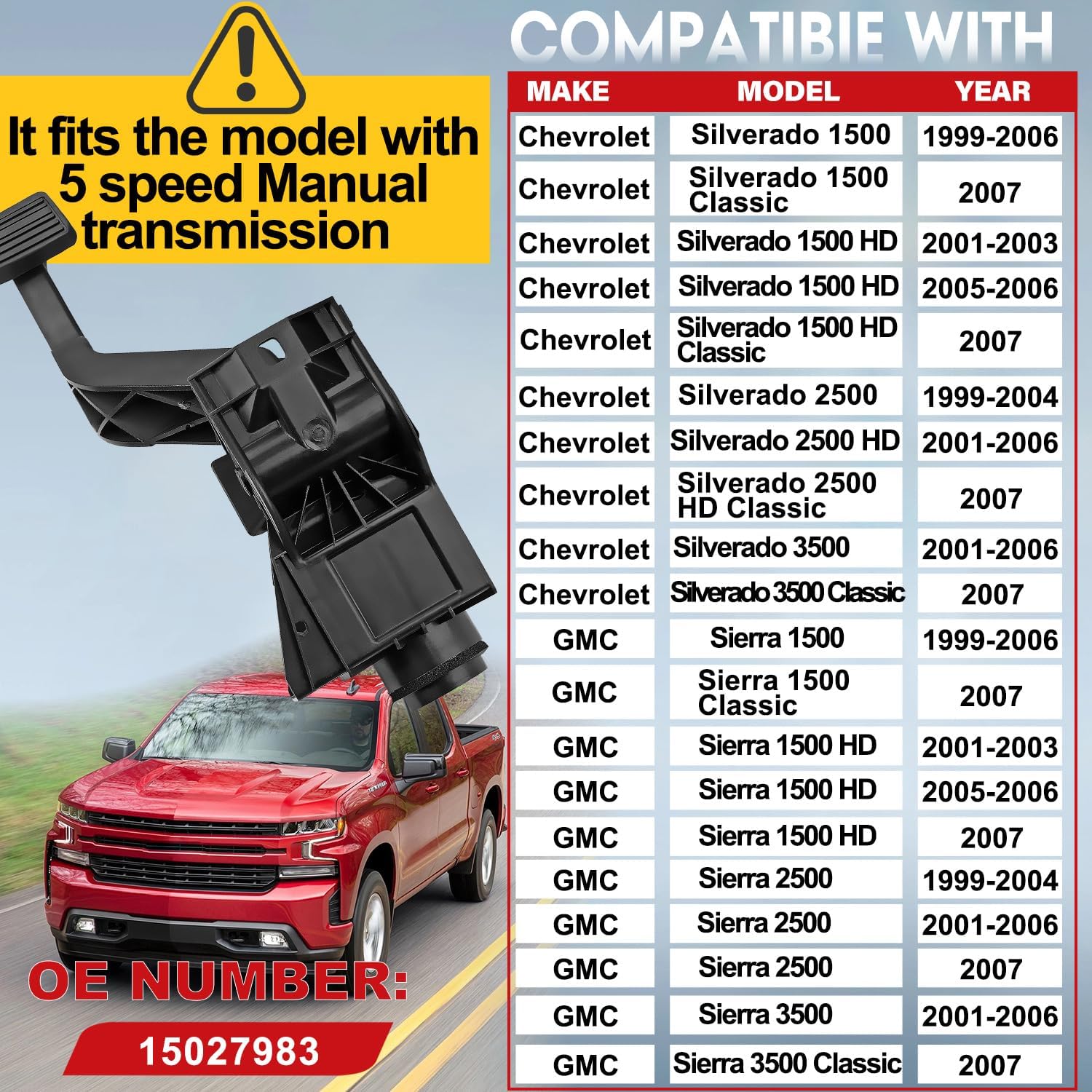 Clutch Pedal with Bracket Assembly Fit for Chevrolet Silverado/Sierra 1500 HD / 1500 Classic / 2500 HD Classic / 3500 Classic 1999-2007, OE,15027983