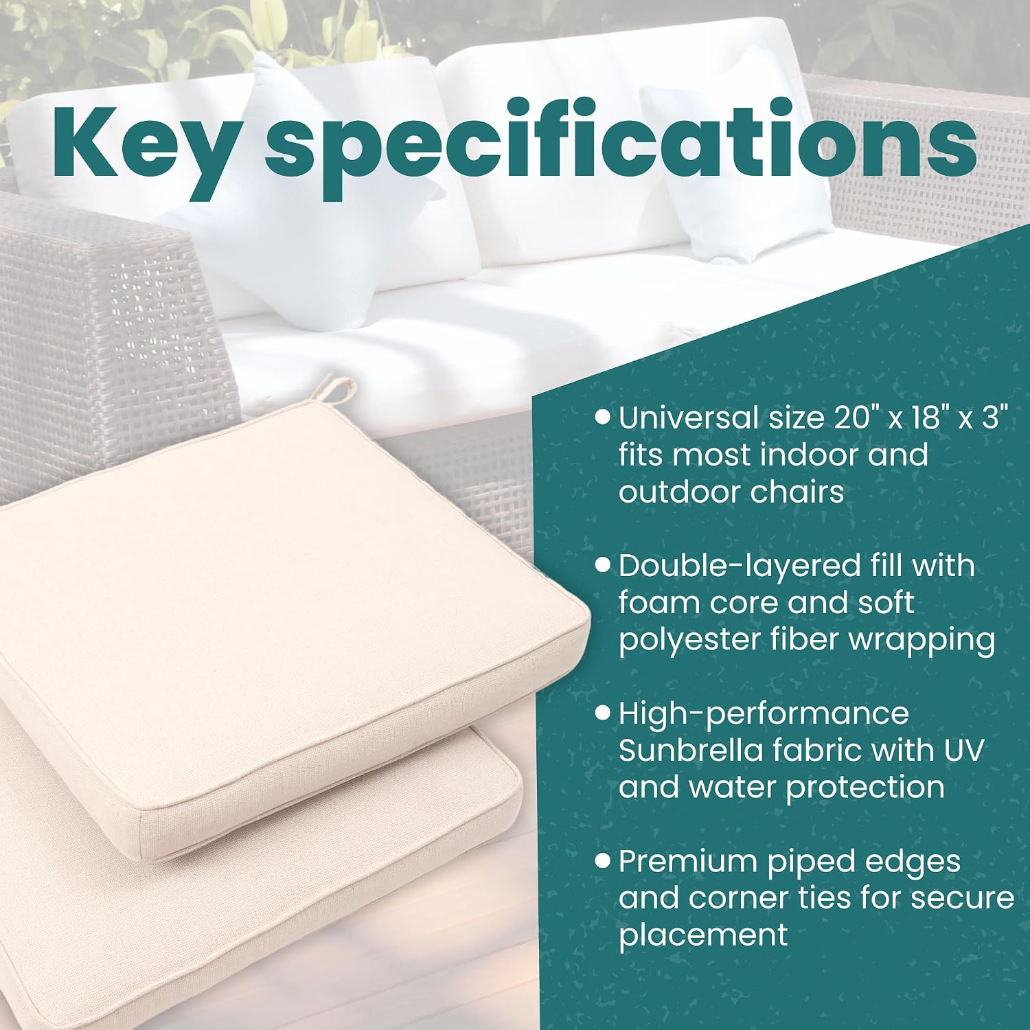 Outdoor Chair Cushions Set of 2 - Weather Resistant Patio Cushions with Sunbrella Fabric - UV Protection Seat Cushion Set - 20" x 18" x 3" in Canvas Natural