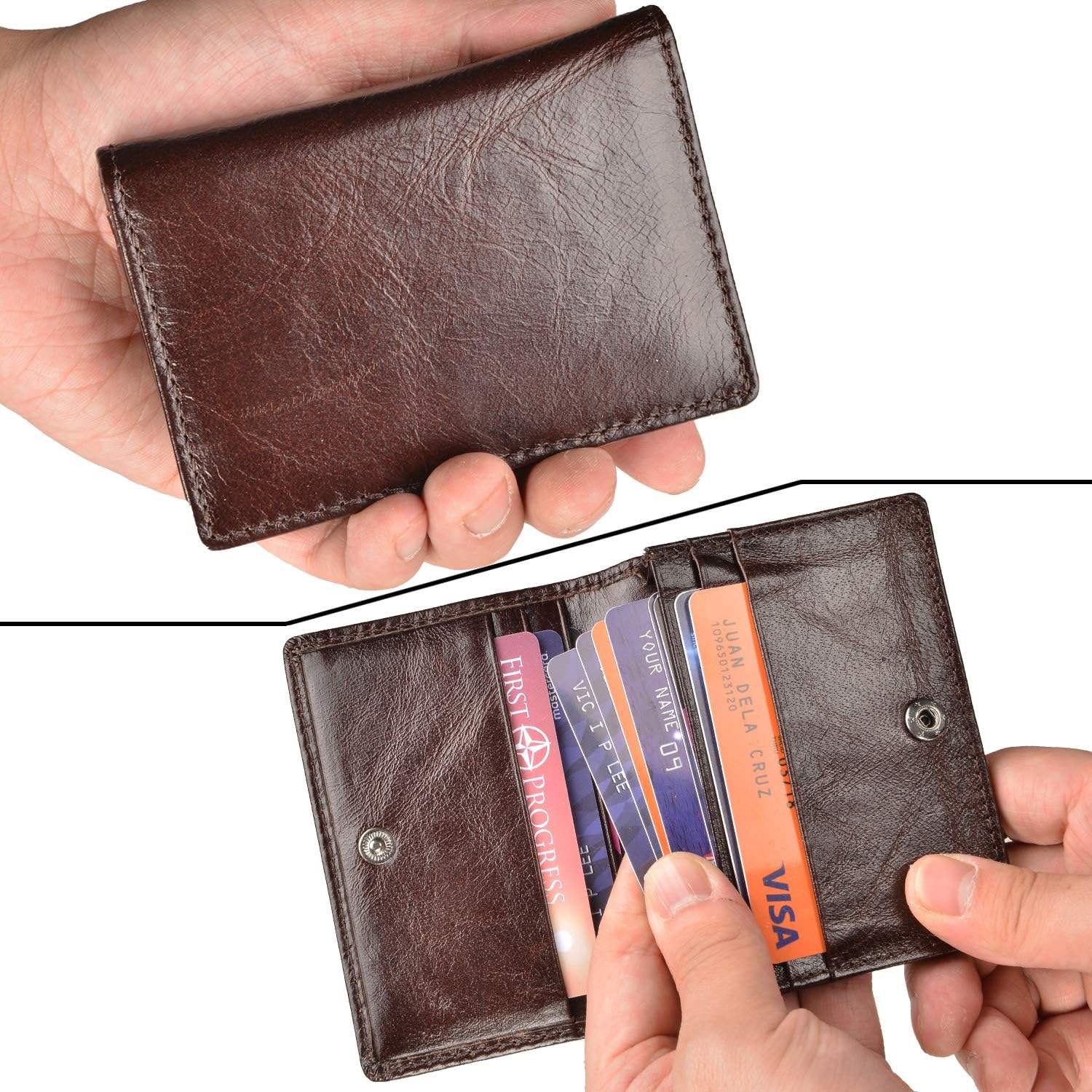 RFID Genuine Leather Bifold ID/Business Credit Card Case Holder for Men Slim Front Pocket Wallet Button - Image 5