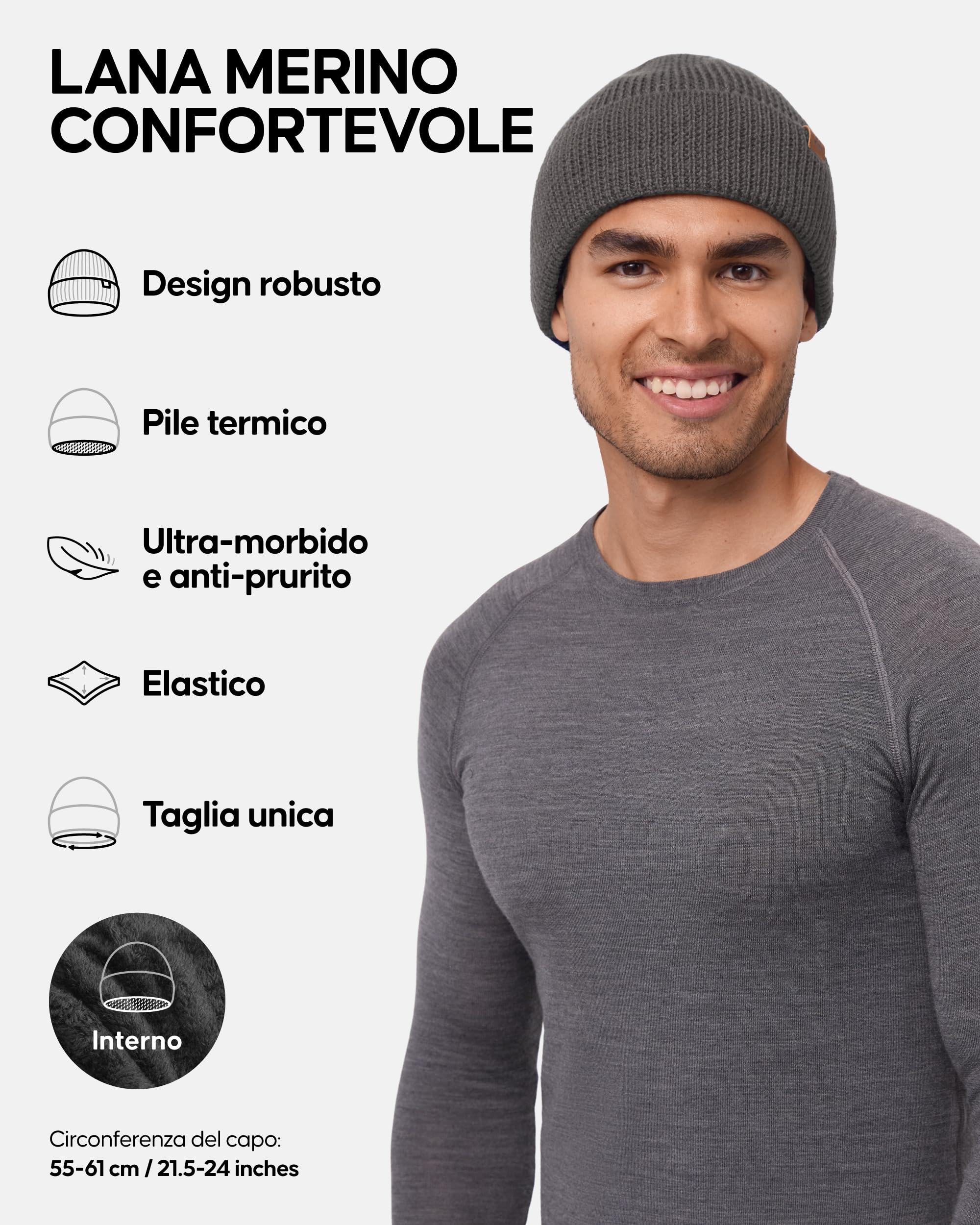 DANISH ENDURANCE Berretto Beanie in Lana Merino con Fodera in Pile, Berretto a Maglia, Berretto Invernale Uomo e Donna