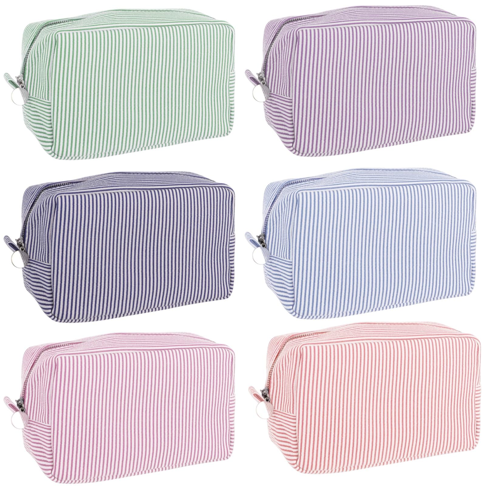 6 STK. Seersucker Kosmetiktaschen, Reise-Kulturbeutel-Set, gestreifte Tasche mit Reißverschluss, 8,7 x 3,5 x 5,9 in, tragbar für Hautpflege und Pinsel, Geschenk für Brautjungfern, Mehrfarbig