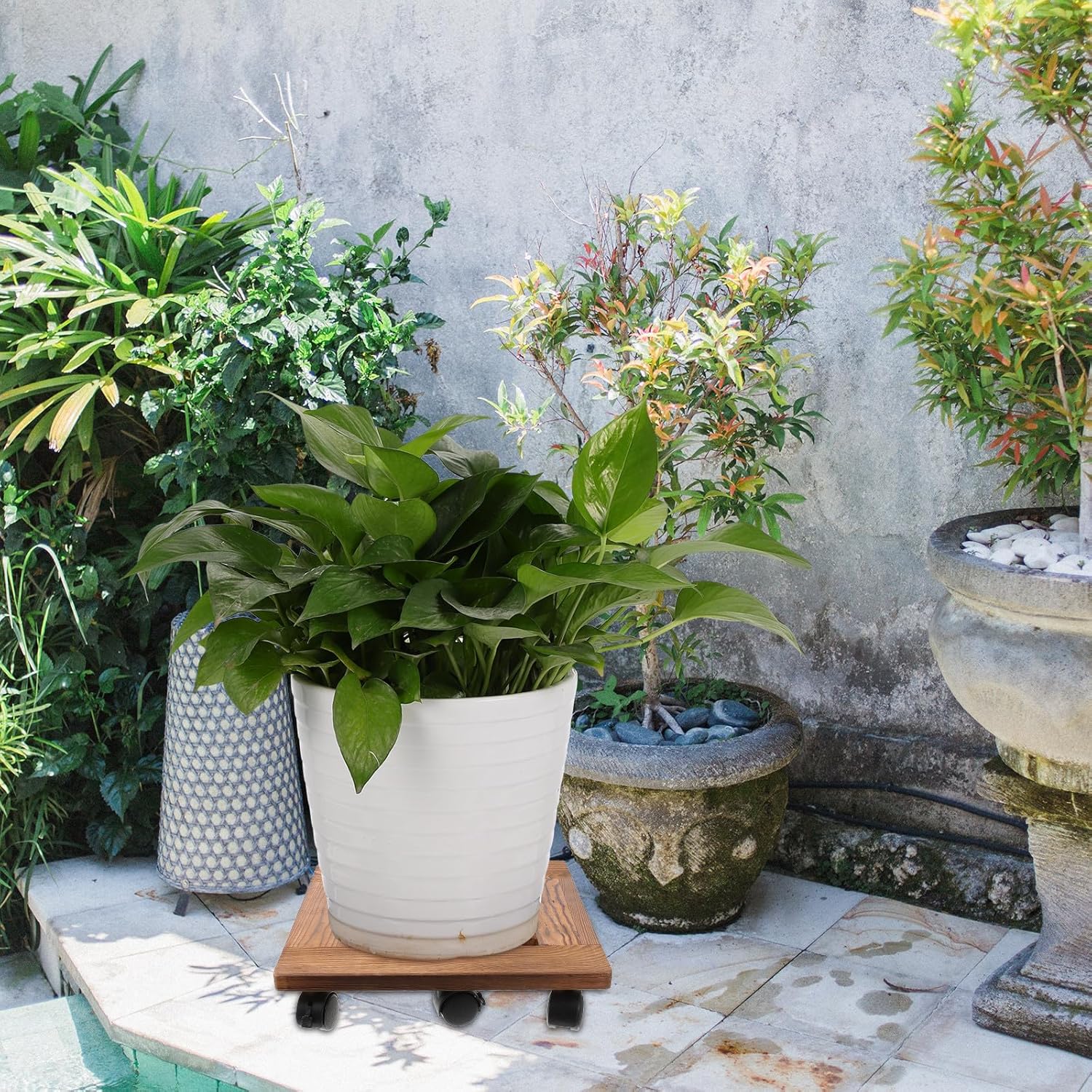 minkissy Movable Flowerpot Base Tray with Lockable Wheels, Solid Wood Plant Pot Holder 35x35cm, Reinforced 6-Wheel Plant Caddy for Indoor Outdoor Gardening