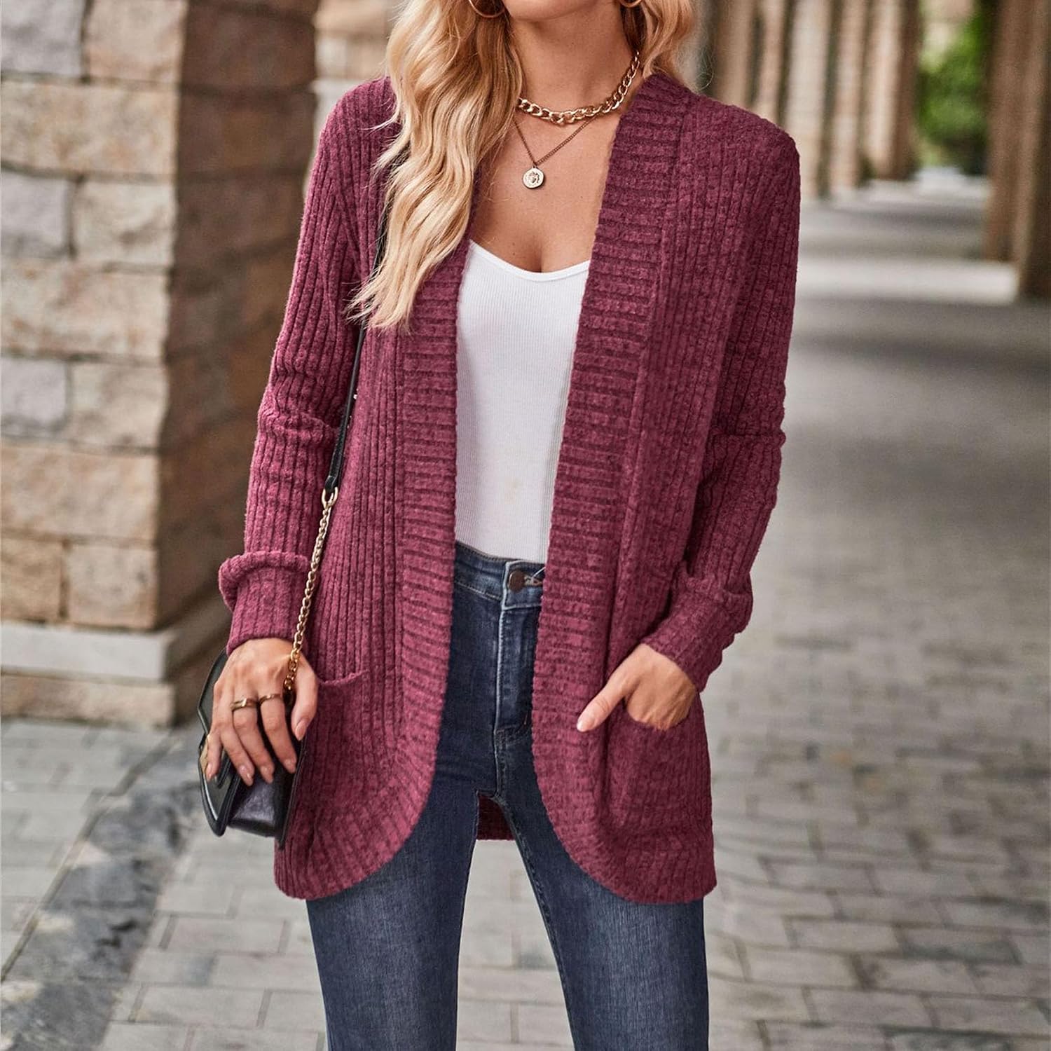 Womens Classic Open Front Cardigan Loose Outwear Coat Lightweight Cable Knit Sweaters Long Sleeve Tops with Pocket