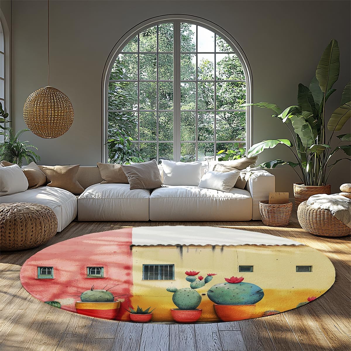 Nordic Style Round Area Rugs 2' Colorful Architectural Cactus Pot Non-Slip Washable Soft Low Pile Circular Carpet for Outdoor Indoor Entryway