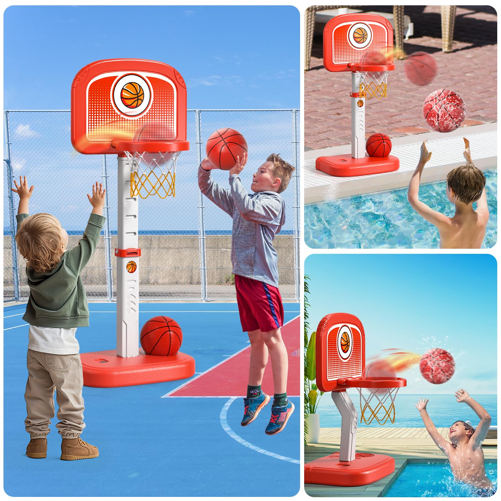Bennol Outdoor Basketball Hoop Toys for Toddlers 3 4 5 6 7 8-12 Years Boys, Swimming Pool Basketball Hoop Outside Toys with 4 Balls, Poolside Basketball Game Toy for Kids Ages 4-8 8-12
