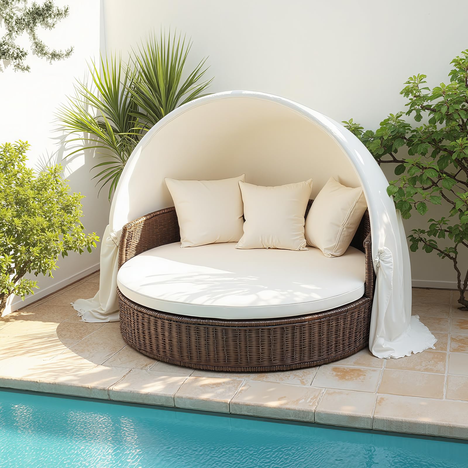 MICTONY Housse de Coussin de Rechange pour lit de Jour d'extérieur de 167,6 cm avec Bande élastique, Housse de Coussin de lit Rond d'extérieur Uniquement (lit de Jour Non Inclus) (Blanc)