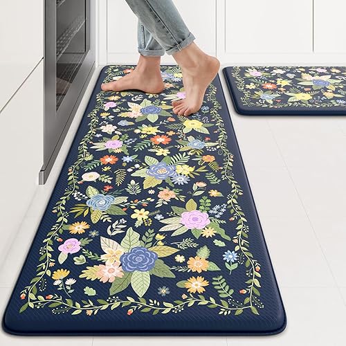 Miniatura 10 de KIMODE Tapetes de cocina para suelo antifatiga, color beige, bohemio, alfombras de cocina antideslizantes, tapetes acolchados de espuma Beige,Azul