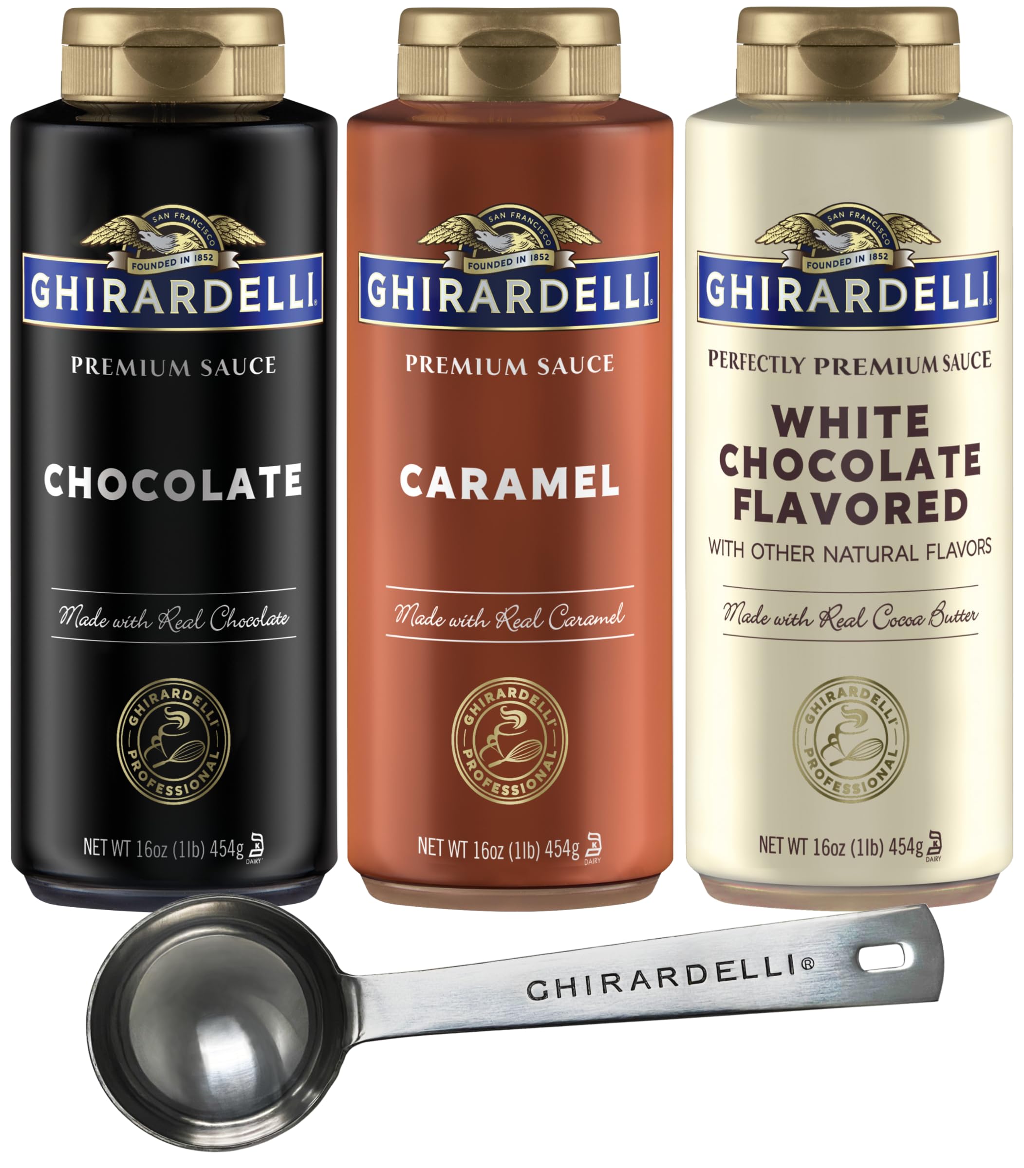 Ghirardelli - 16 oz Chocolate, 16 oz White Chocolate Flavored, 17 oz Caramel Sauce Squeeze Bottle - Set of 3 with Ghirardelli Stamped Barista Spoon