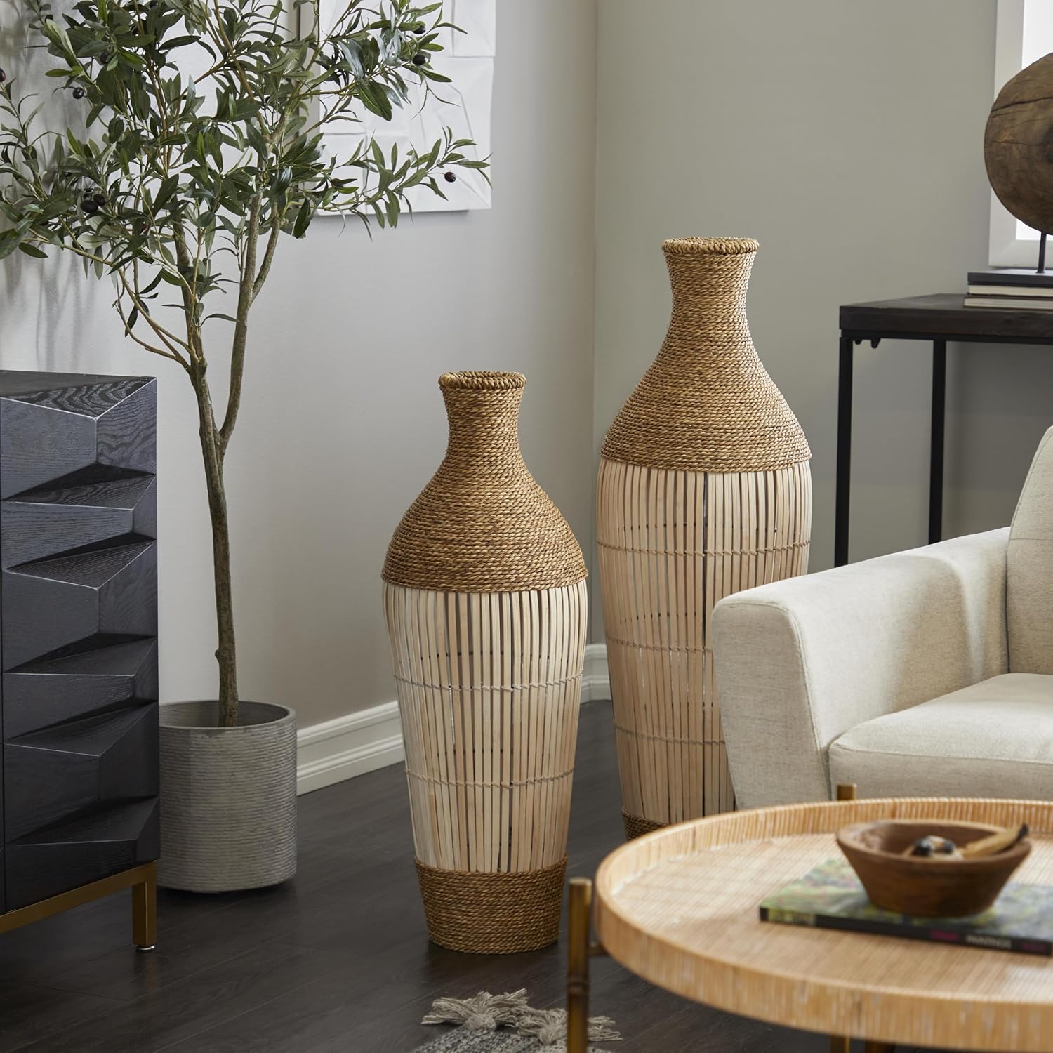 Condition photo showing New/Like New for deco 79 seagrass handmade decorative vase wrapped tall centerpiece vase with cream slatted bamboo center, vase for home decoration 11" x 11" x 32", brown