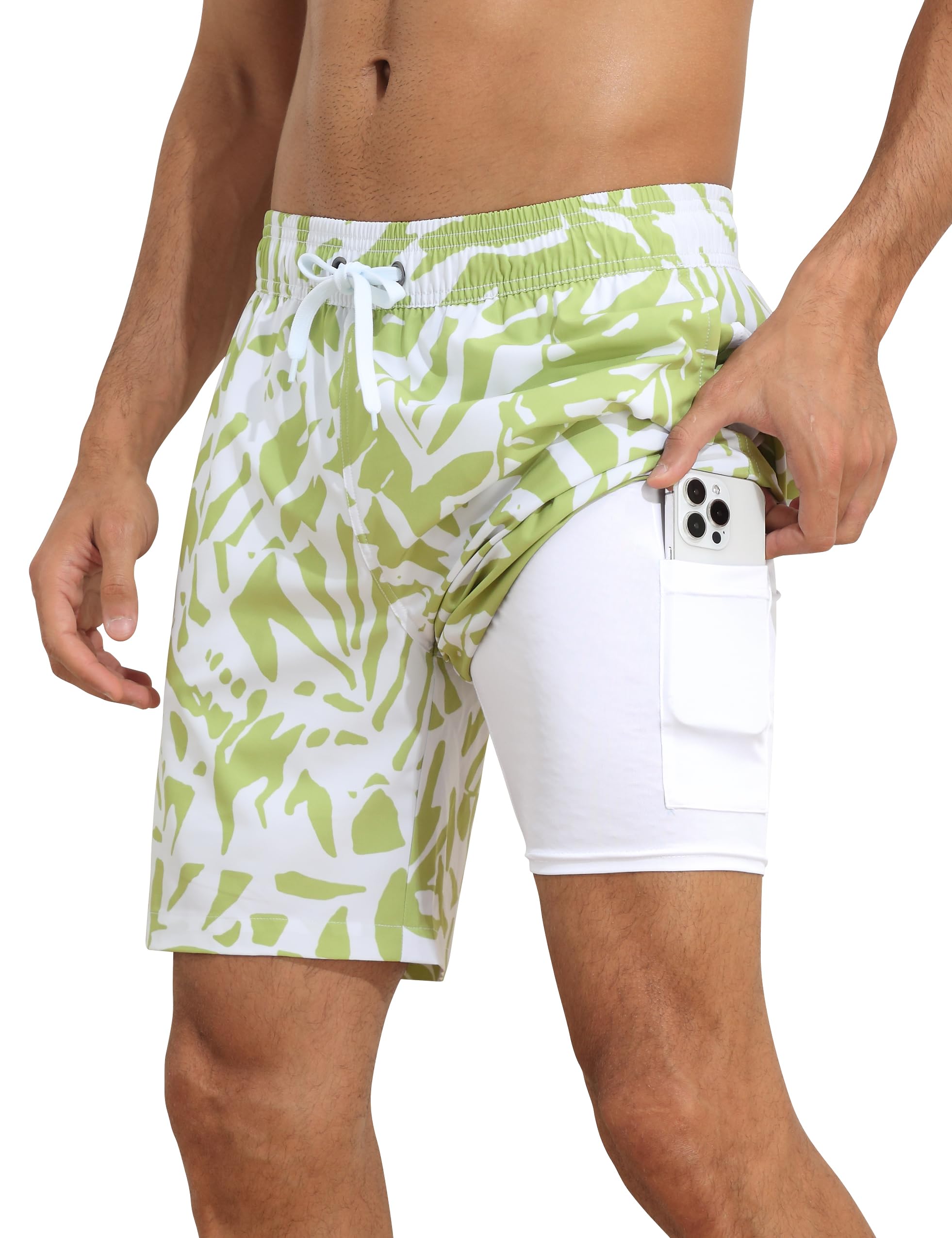 Nonwe Men's Swim Trunks with Compression Liner Quick Dry 7" Bathing Suits Tropical Board Shorts with Liner Pocket