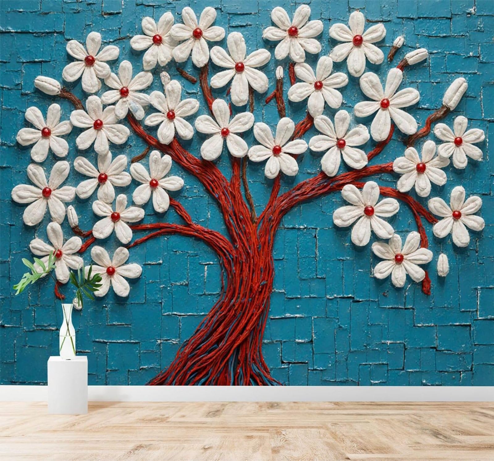 Tzxztt White Flowers Red Branches Abstract Blue Texture Modern 3D Wallpaper Premium Textured Silk Neutral Tones Material Ideal for Living Room Bedroom-400cm×280cm