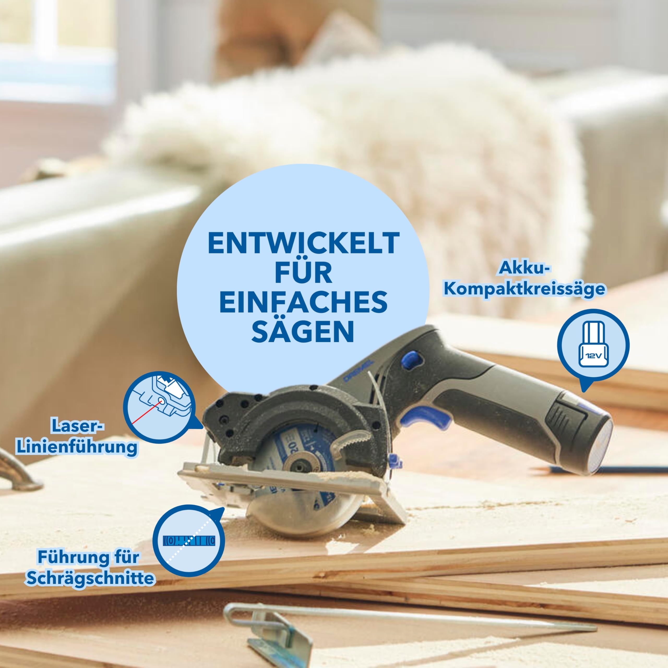 Dremel Blueprint 12V Akku-Kompaktkreissäge mit bürstenlosem Motor mit Laser-Linienführung, Führung für Schrägschnitte 1 Multimaterial-Kreissägeblatt, 1 2.0 Ah Akku+Ladegerät Parallelanschlag CS12V-S1