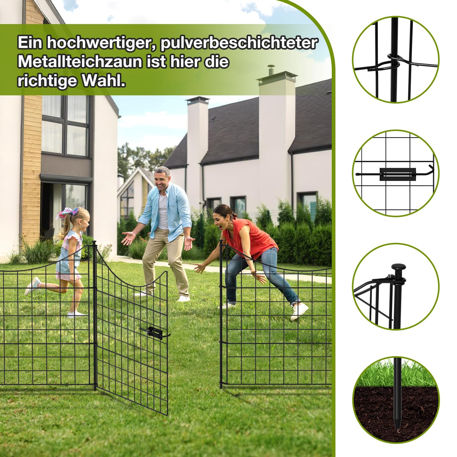Teichzaun Gartenzaun Steckzaun Komplettset Metall 5 Unterbogen Zaunelemente, Gesamtlänge 3,87 m, inklusive 6 Befestigungsstäbe und Springverschluss, Hundezaun Tierbarriere, Schwarz