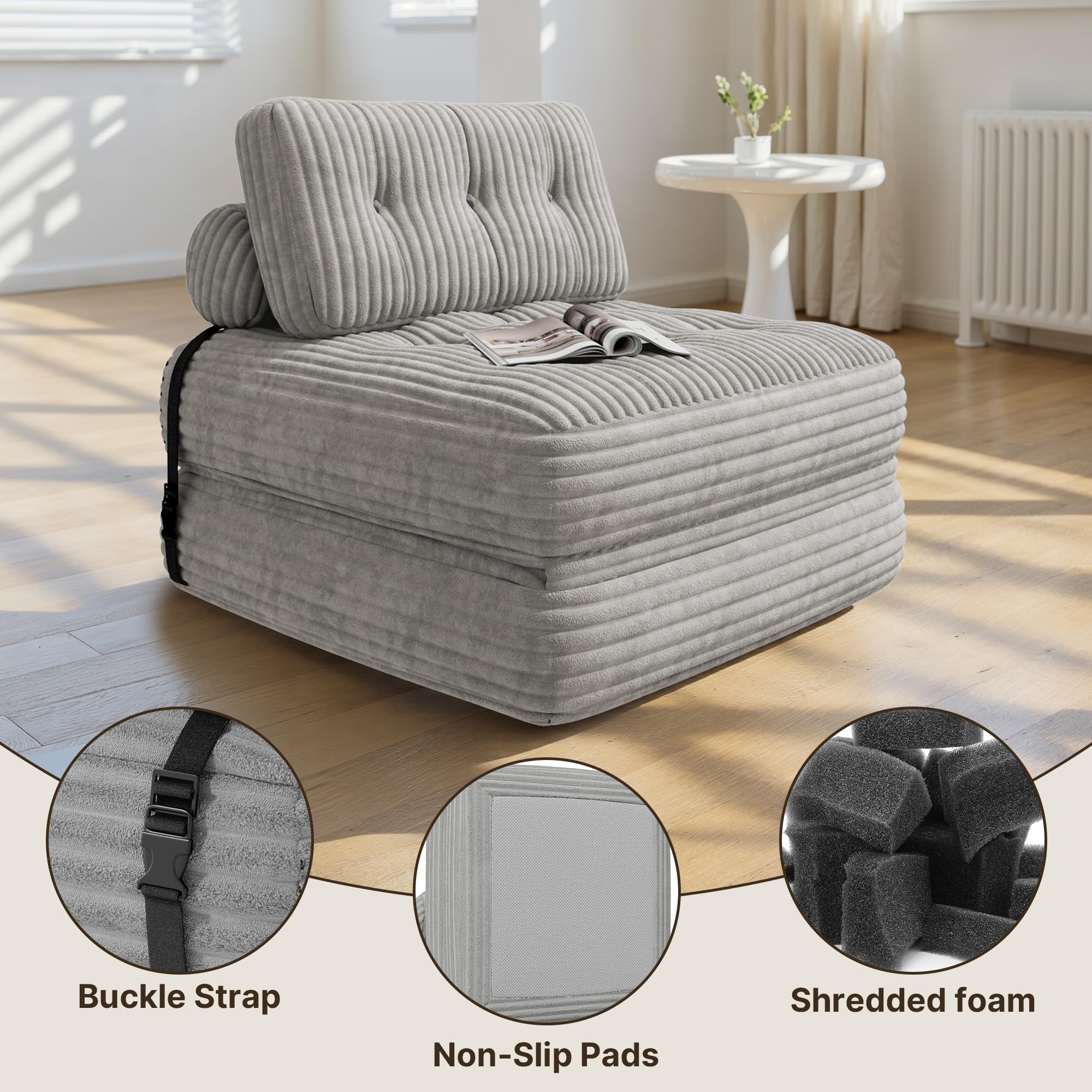 Xbro Składana sofa rozkładana z oparciem, przenośny fotel rozkładany w łóżku 2 w 1 do małych przestrzeni, sztruksowa tkanina z wypełnieniem piankowym, 190 x 85 cm rozłożony (jasnoszary)