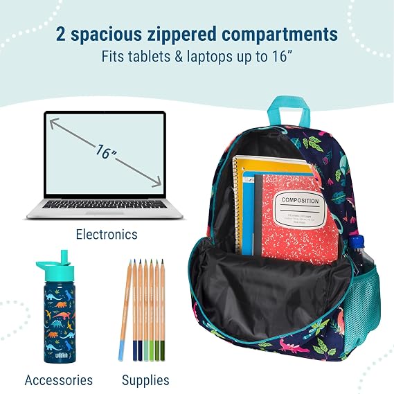Wildkin Kids 16 Inch Elementary School Backpack for Boys & Girls Durable Padded Bag with Adjustable Straps for School, Travel & Everyday Use, Multiple Pockets, Ages 613 Dino Pals