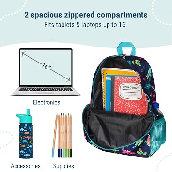 Wildkin Kids 16 Inch Elementary School Backpack for Boys & Girls Durable Padded Bag with Adjustable Straps for School, Travel & Everyday Use, Multiple Pockets, Ages 613 Dino Pals