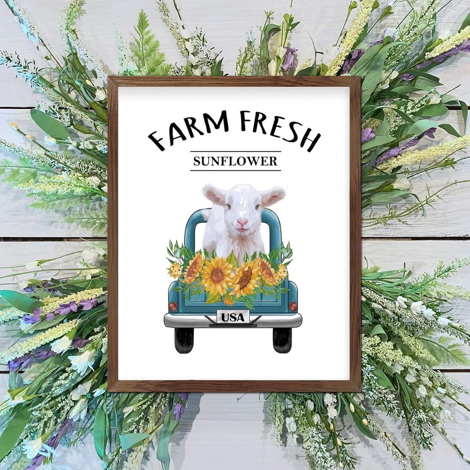Farm Fresh Sunflower Framed Wooden Sign Farm Sheep Blue Truck Wall Art Signs Rustic Garden Floral Wood Hanging Sign Decorative for Grandpa Papa Dad Boyfriend Teacher 20x16inch