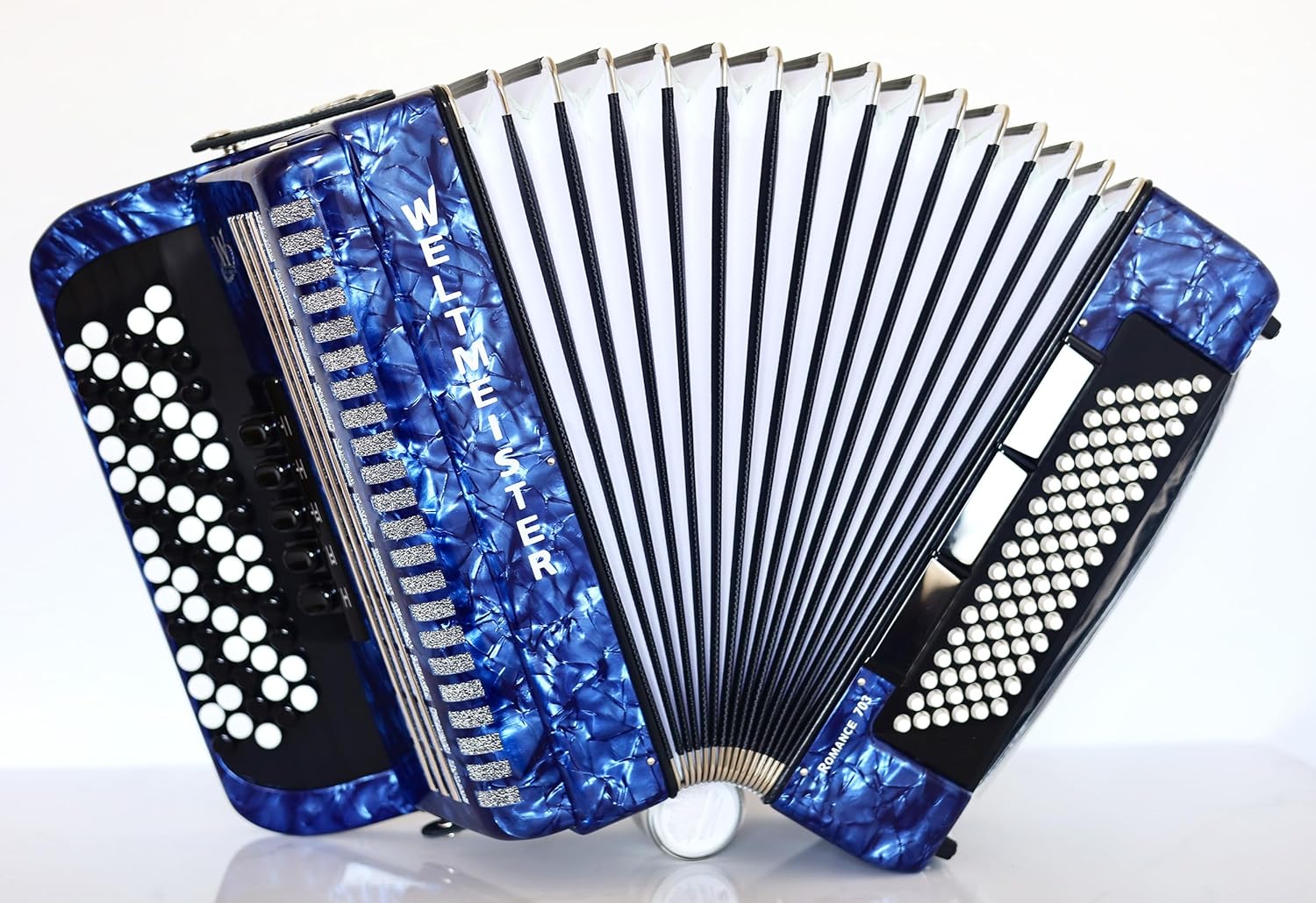 NEW Weltmeister Romance 703 5 Rows Chromatic B Griff Button Accordion 96 Bass buttons, Blue Pearloid, Straps and Case, Perfect for Advanced Musicians